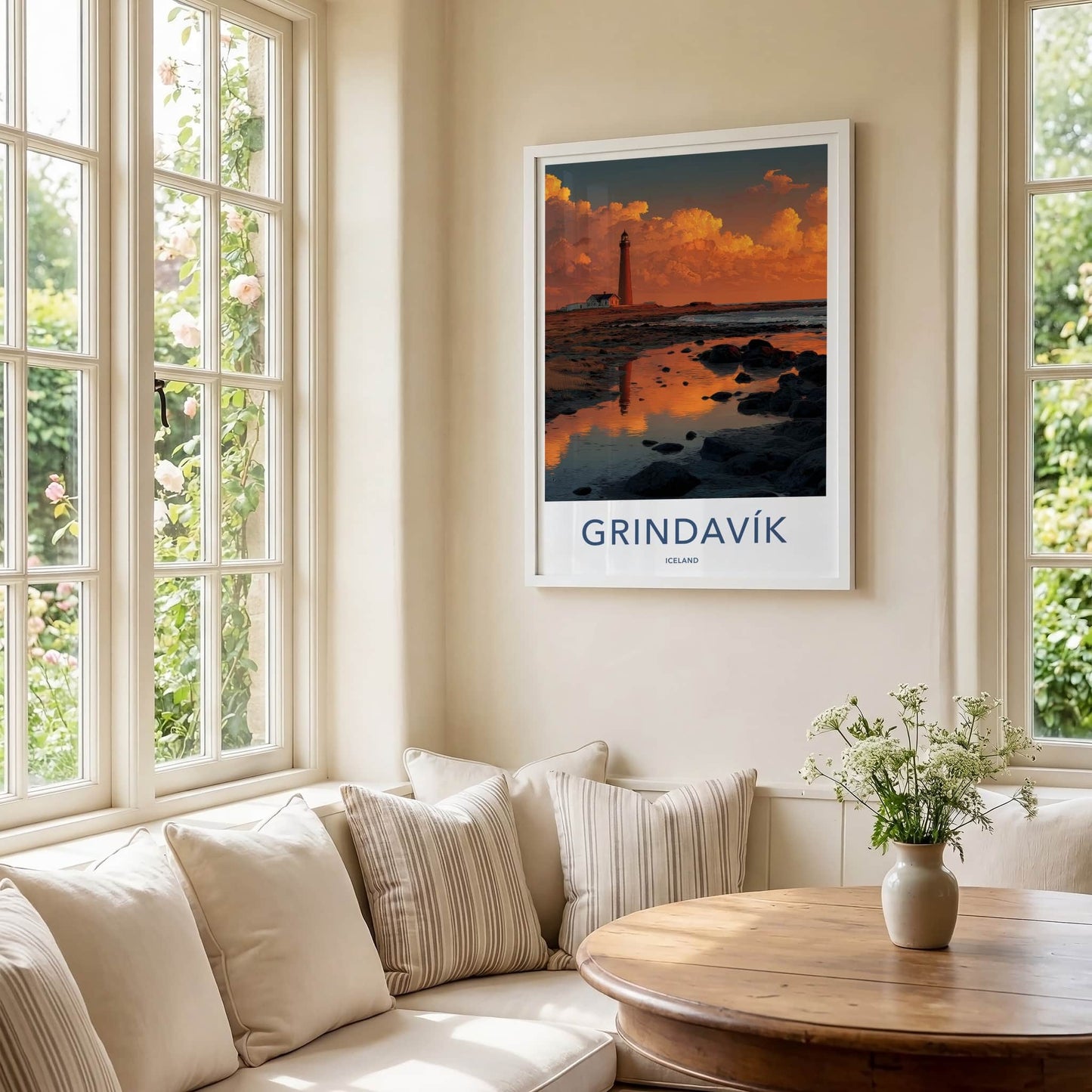 Grindavik Poster - Iceland Travel Art - Lighthouse Sunset Reflection Wall Decor