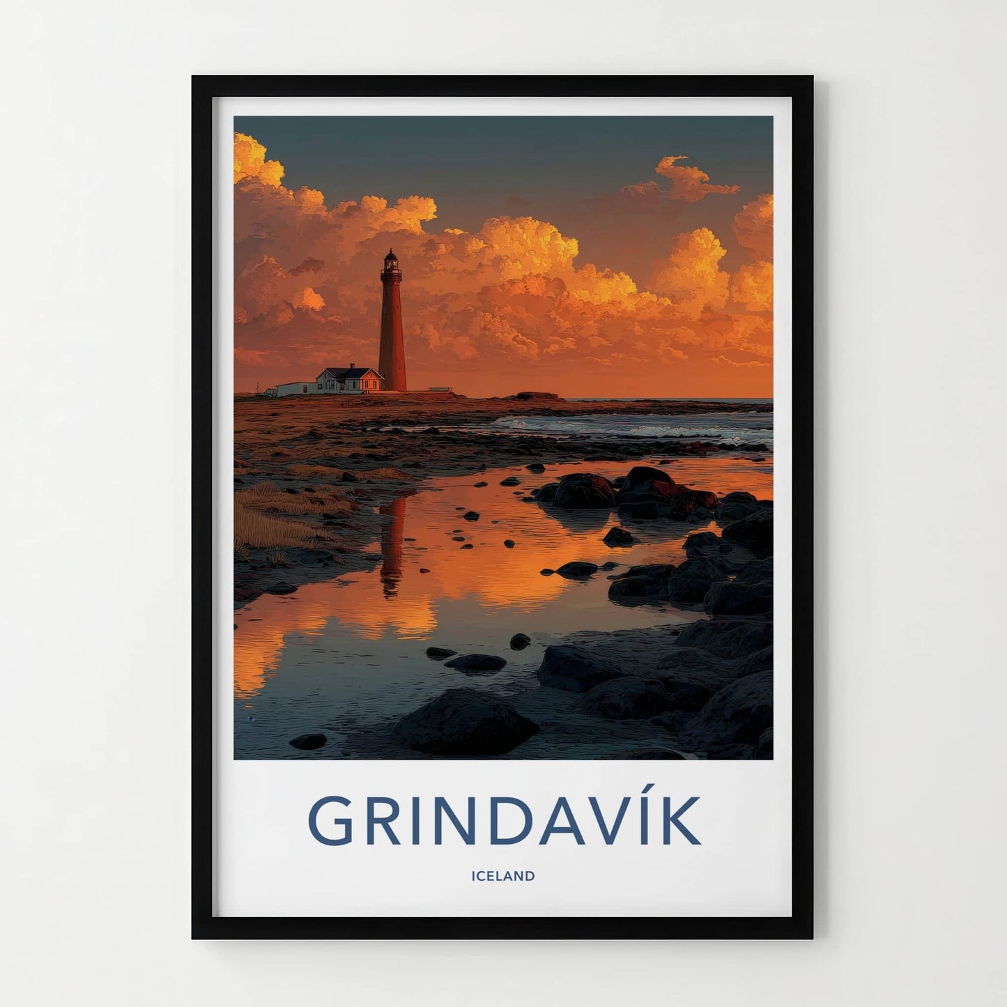 Grindavik Poster - Iceland Travel Art - Lighthouse Sunset Reflection Wall Decor