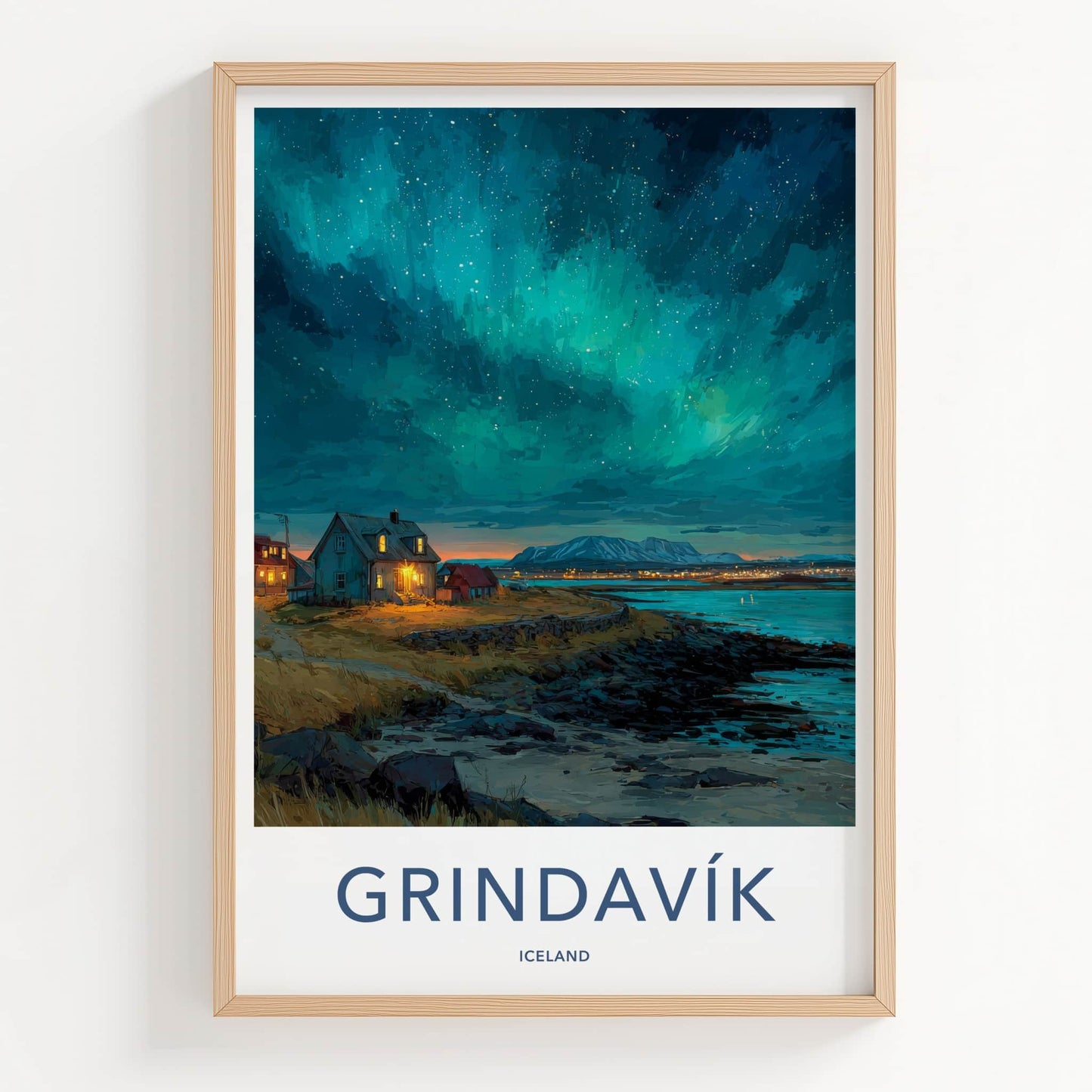 Grindavik Poster - Iceland Travel Art - Northern Lights House Home Decor