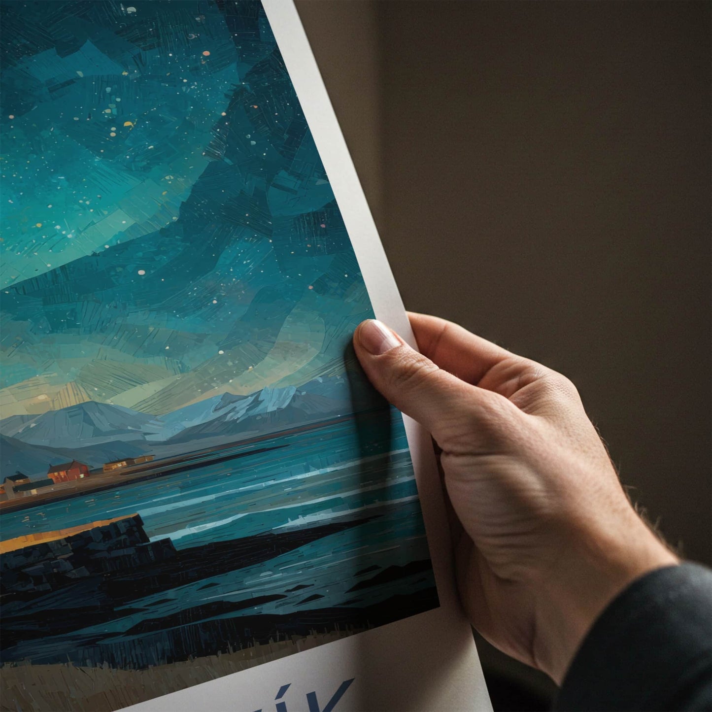 Grindavik Poster - Iceland Travel Art - Starry Coastal Village Home Decor