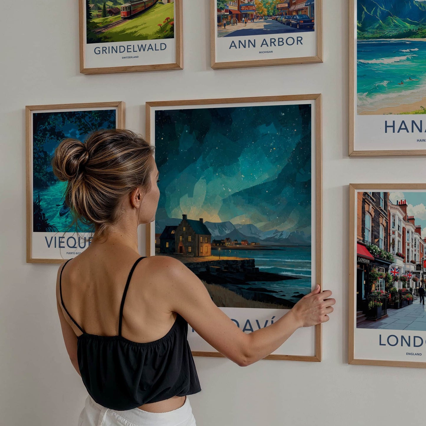 Grindavik Poster - Iceland Travel Art - Starry Coastal Village Home Decor