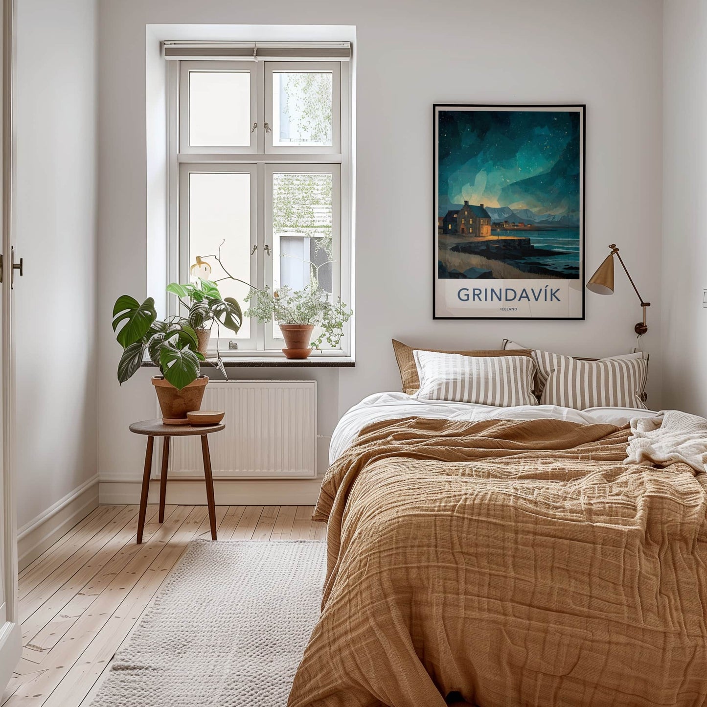 Grindavik Poster - Iceland Travel Art - Starry Coastal Village Home Decor