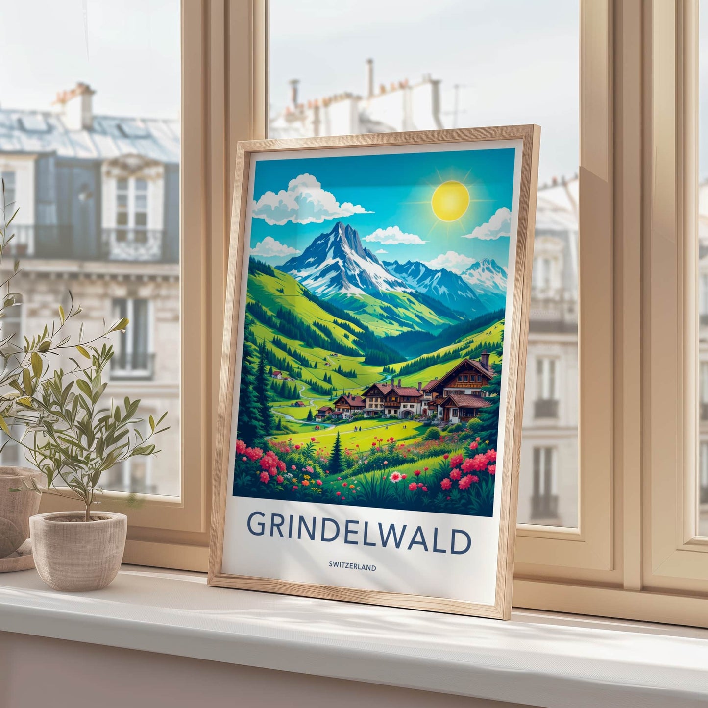 Grindelwald Poster - Switzerland Travel Art - Alpine Village Sunny Home Decor