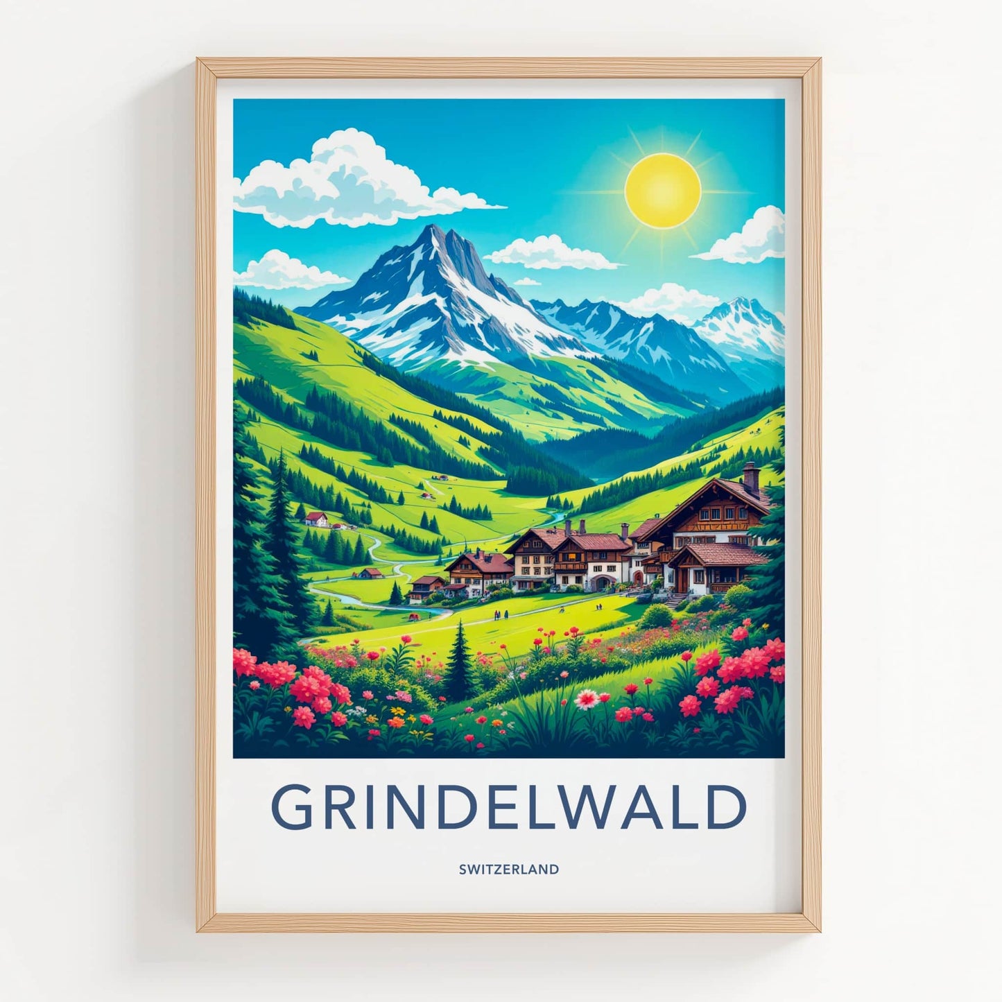 Grindelwald Poster - Switzerland Travel Art - Alpine Village Sunny Home Decor