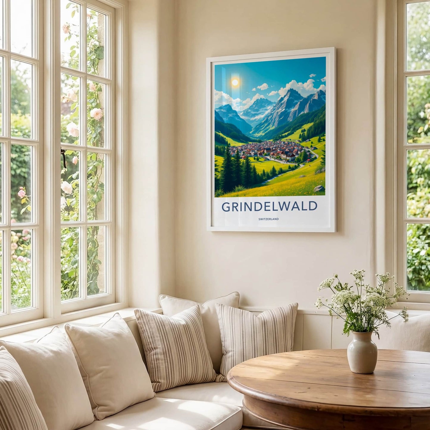 Grindelwald Poster - Switzerland Travel Art - Sunny Mountain Village Home Decor