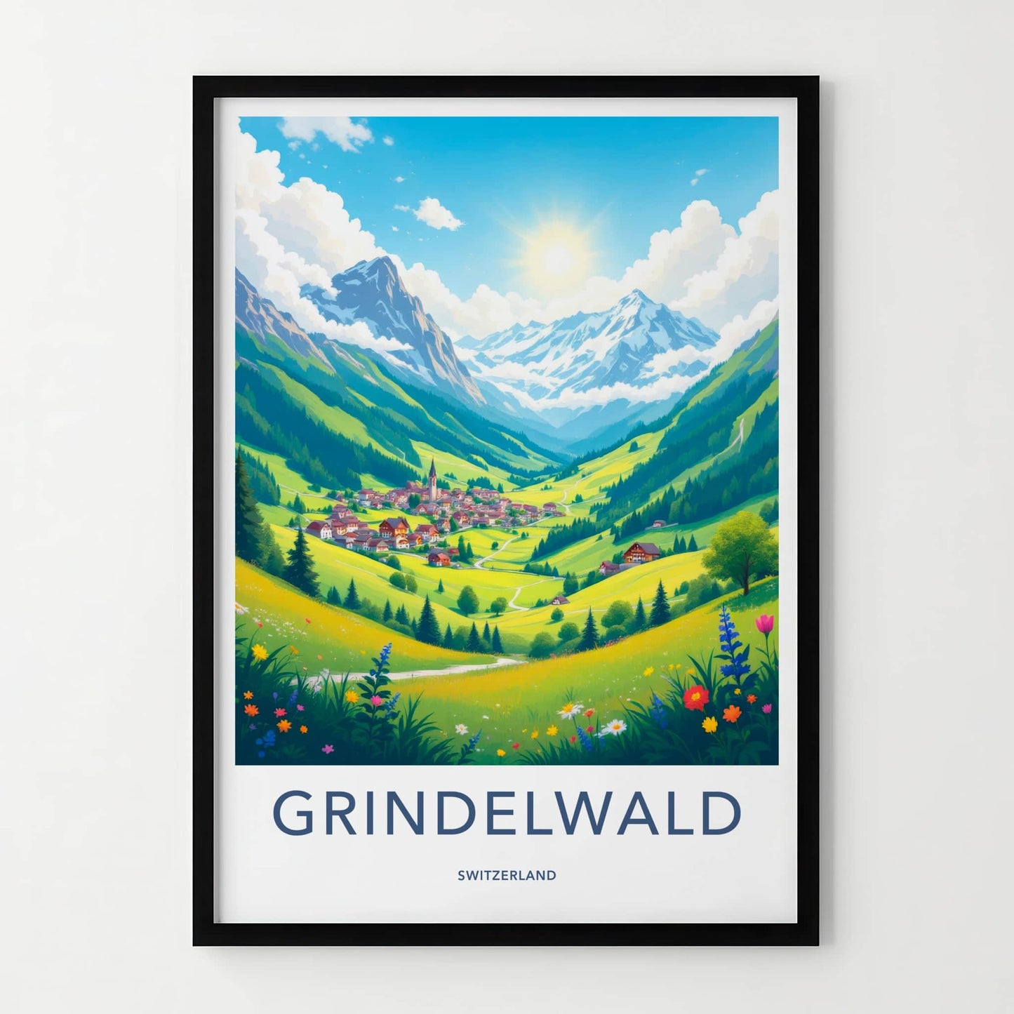 Grindelwald Poster - Switzerland Travel Art - Sunny Mountain Village Home Decor