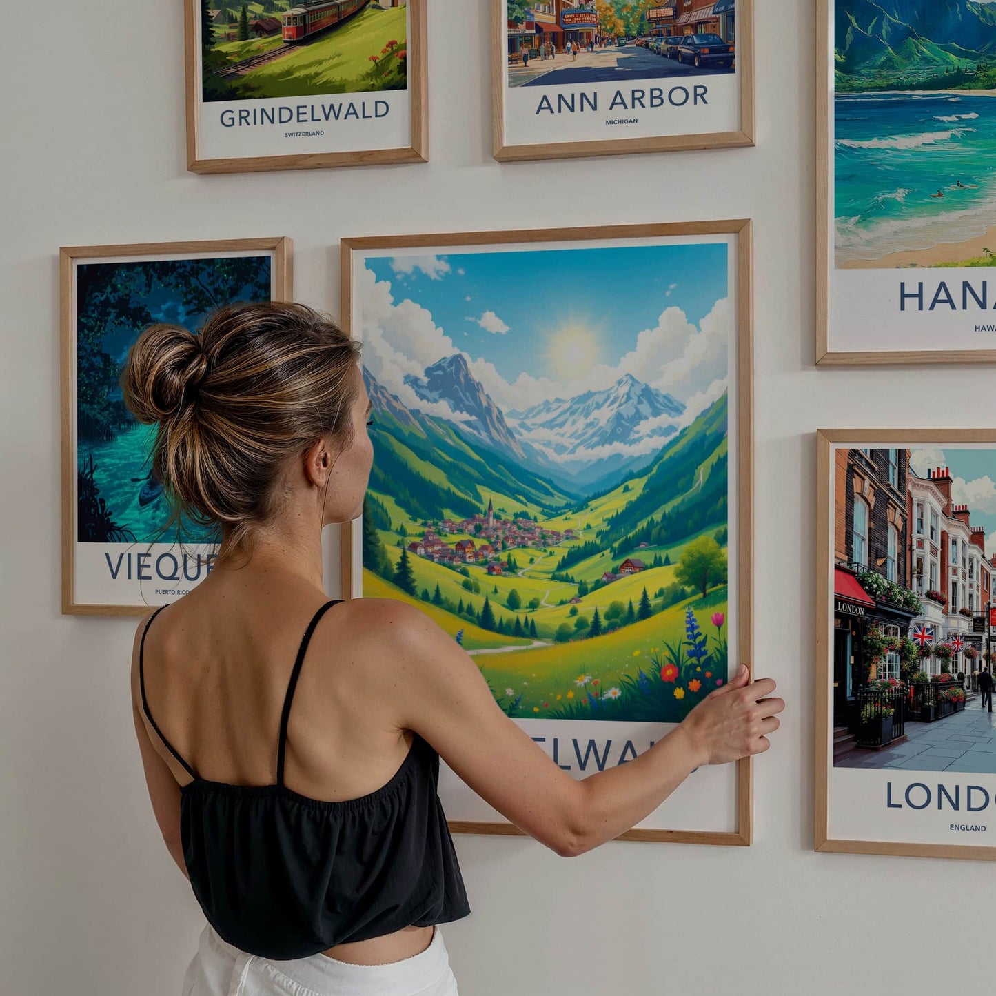 Grindelwald Poster - Switzerland Travel Art - Sunny Mountain Village Home Decor