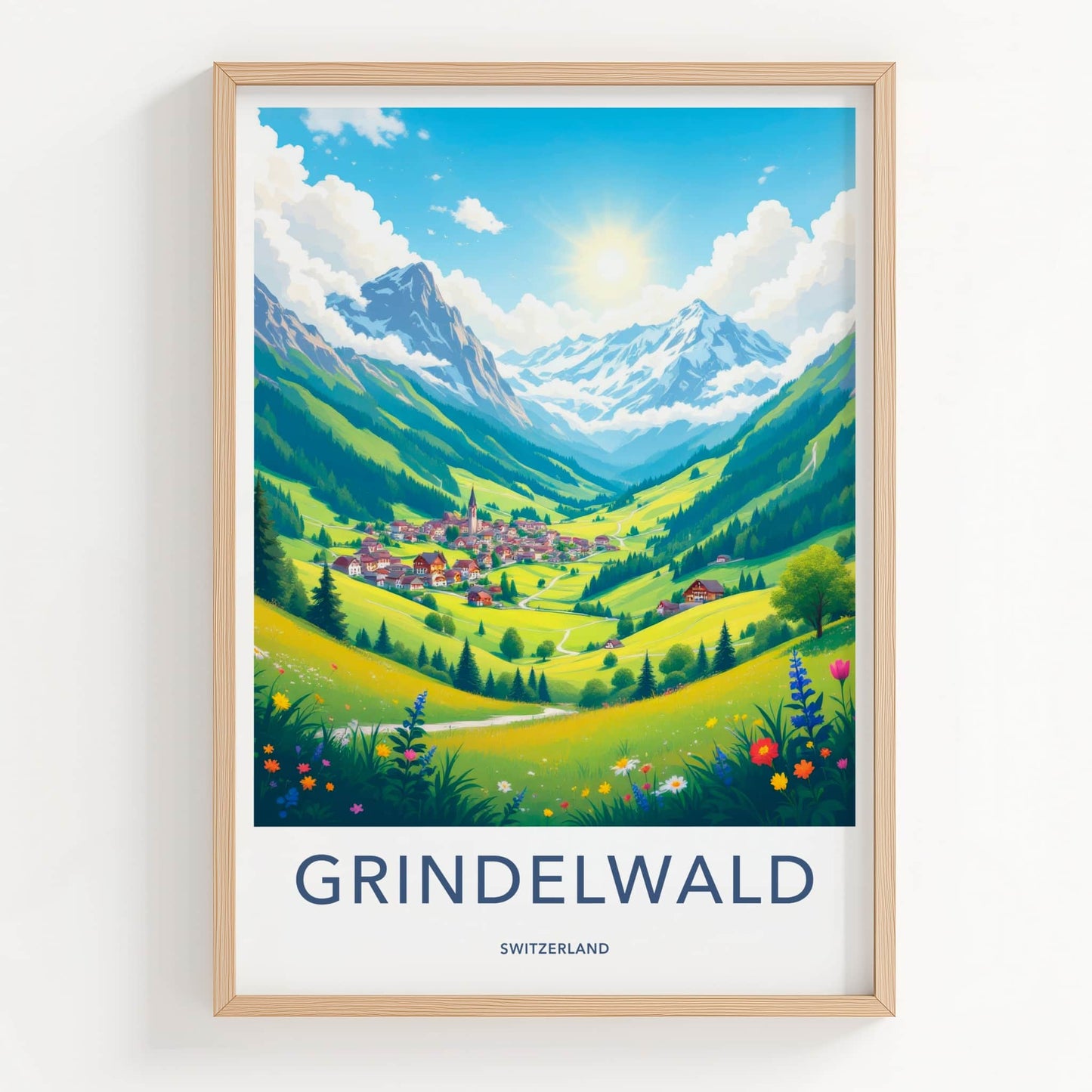 Grindelwald Poster - Switzerland Travel Art - Sunny Mountain Village Home Decor