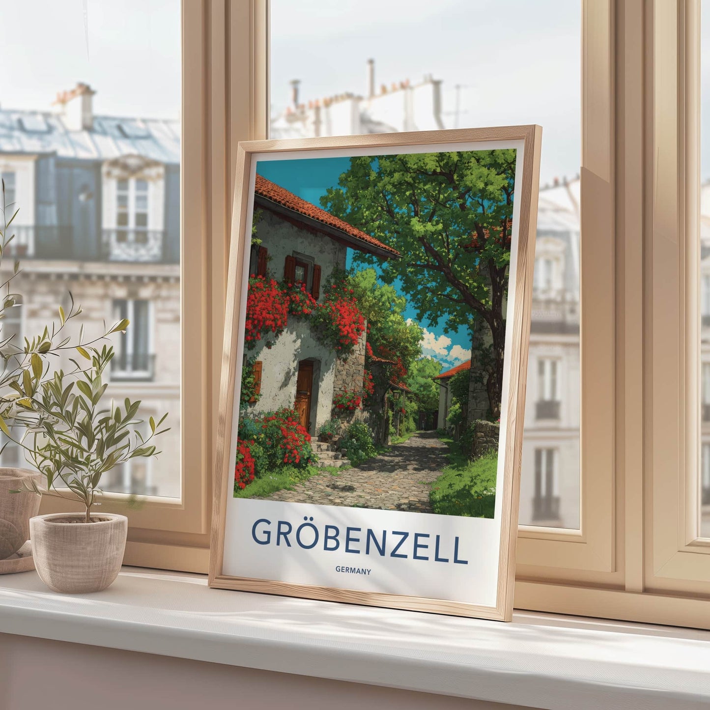 Grobenzell Poster - Germany Travel Art - Flowering Building Cobblestone Gallery Art