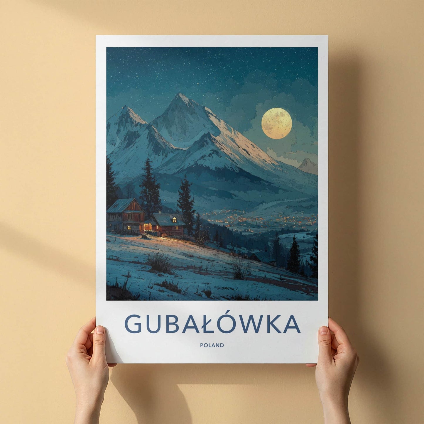 Gubalowka Poster - Poland Travel Art - Moonlit Snowy Village Home Decor