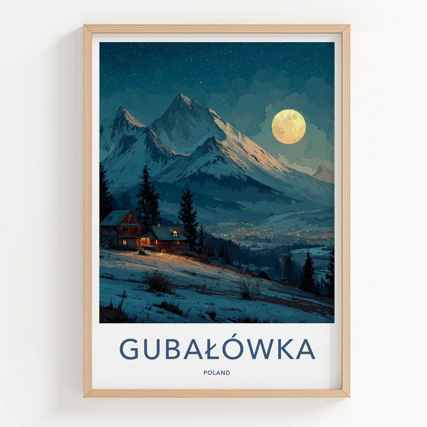 Gubalowka Poster - Poland Travel Art - Moonlit Snowy Village Home Decor
