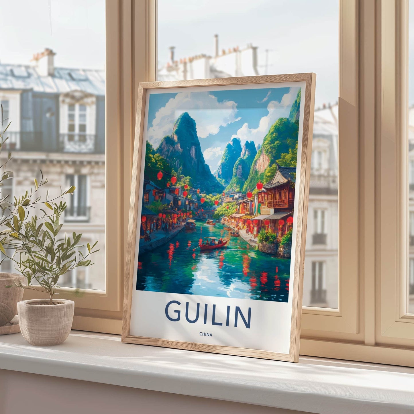 Guilin Poster - China Travel Art - Lanterns River Town Home Decor