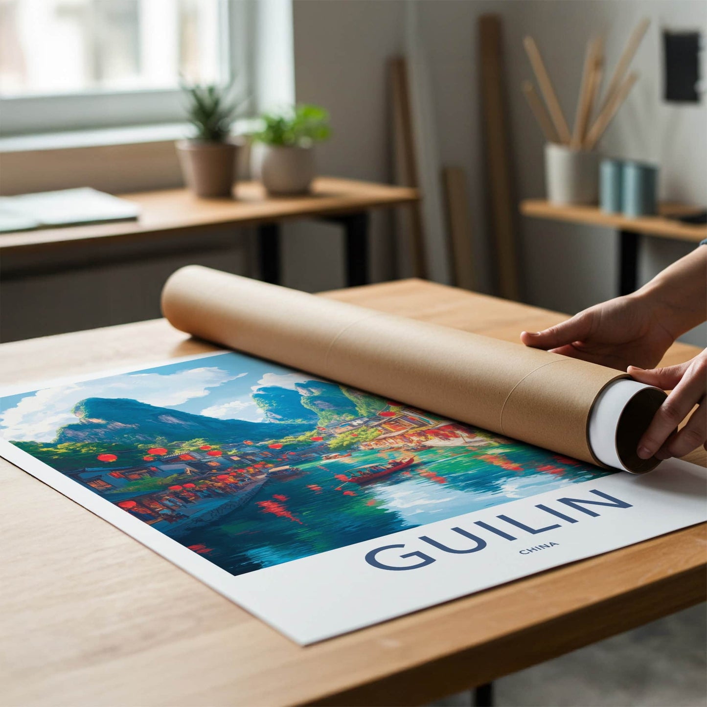 Guilin Poster - China Travel Art - Lanterns River Town Home Decor