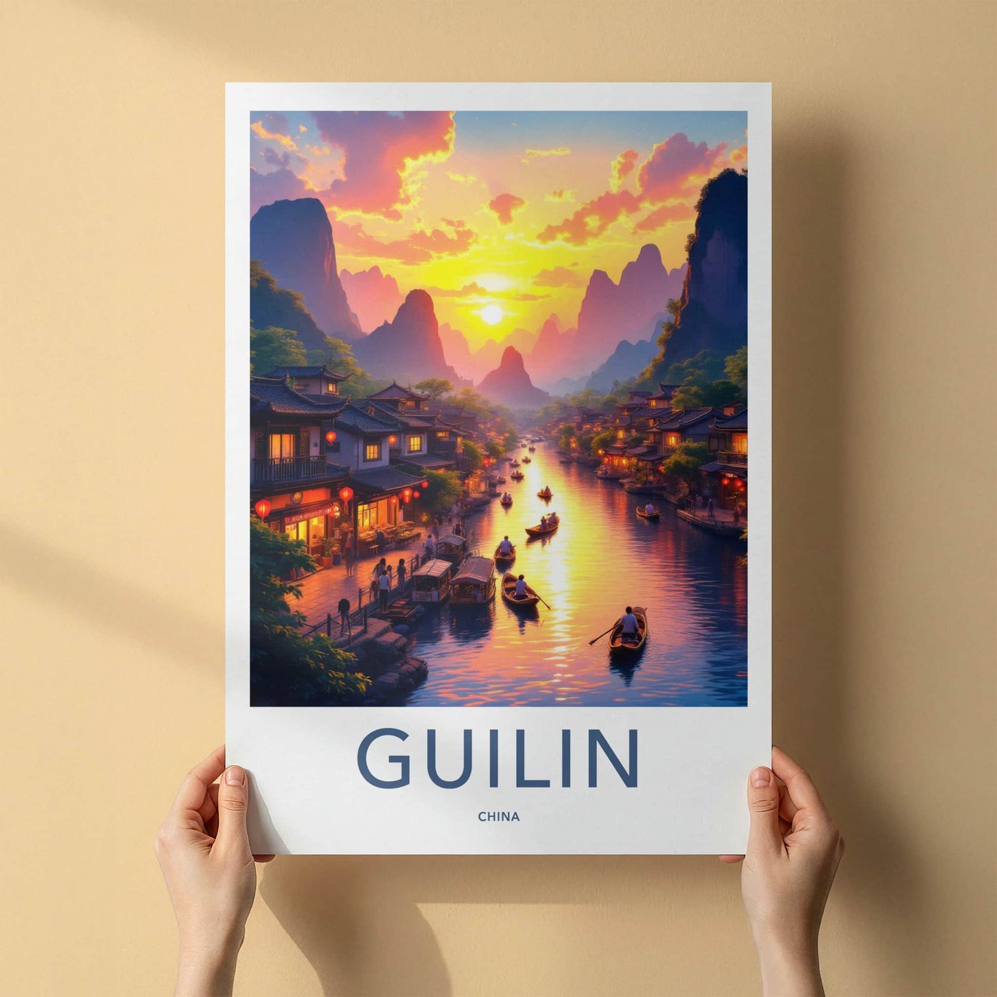Guilin Poster - China Travel Art - Mountain River Sunset Home Decor