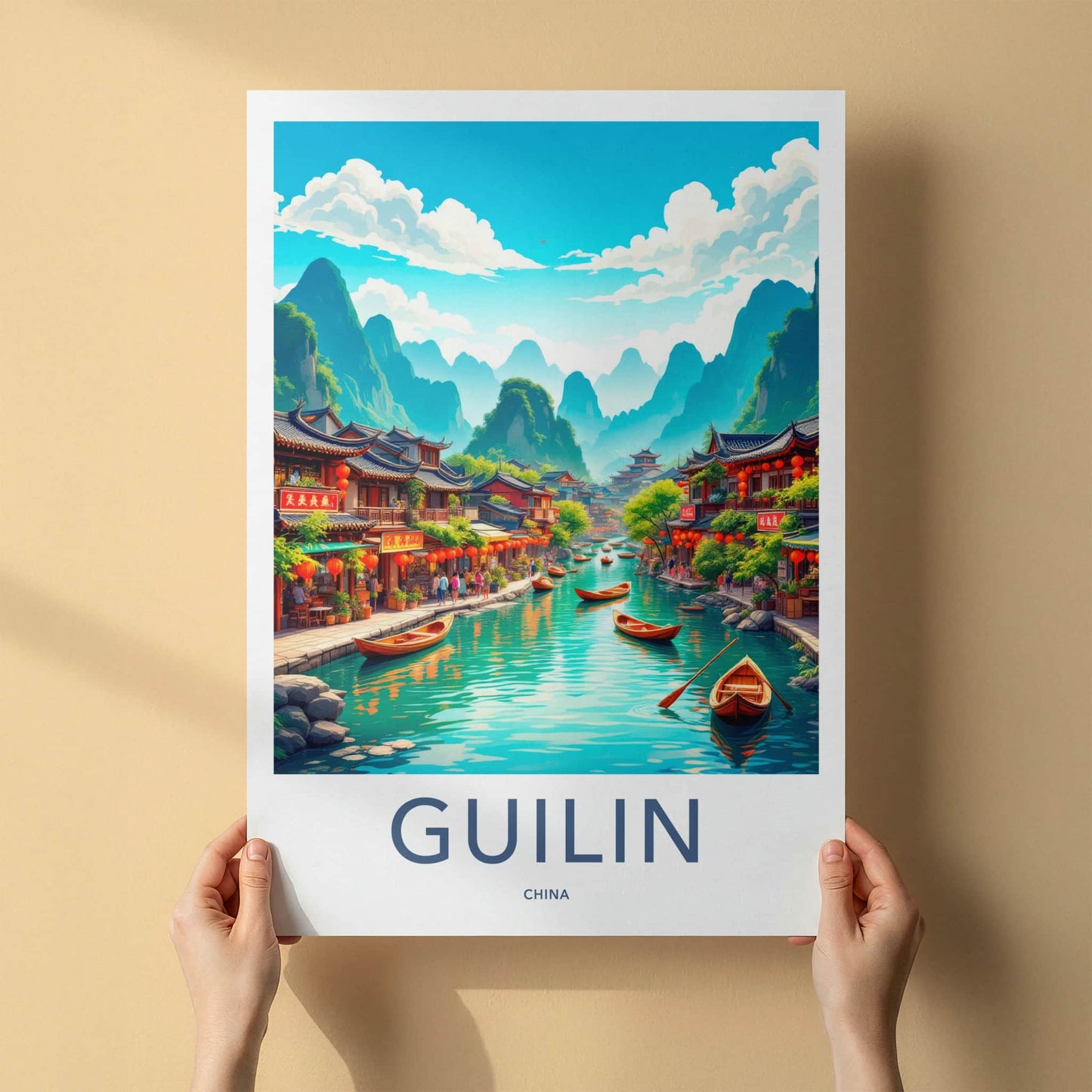 Guilin Poster - China Travel Art - Traditional River Boats Wall Decor