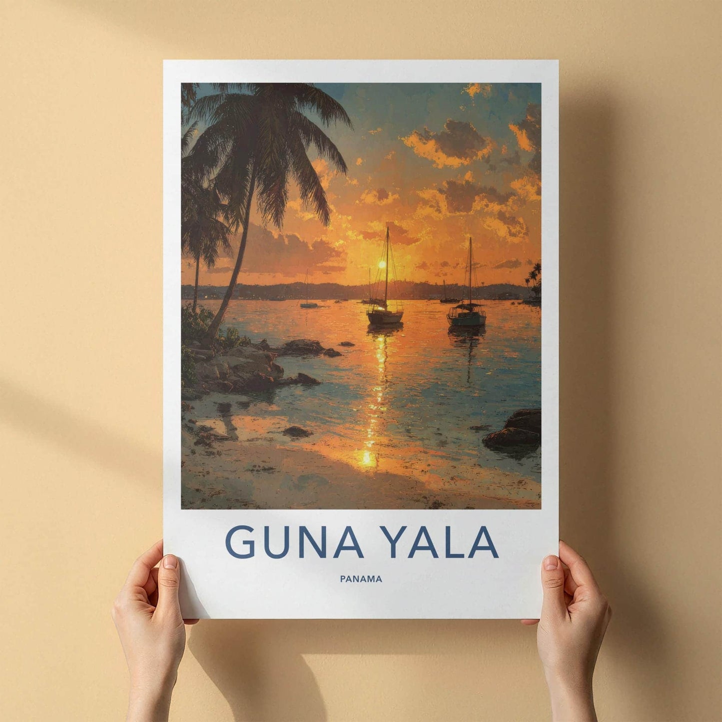 Guna Yala Poster - Panama Travel Art - Tropical Sunset Boats Home Decor