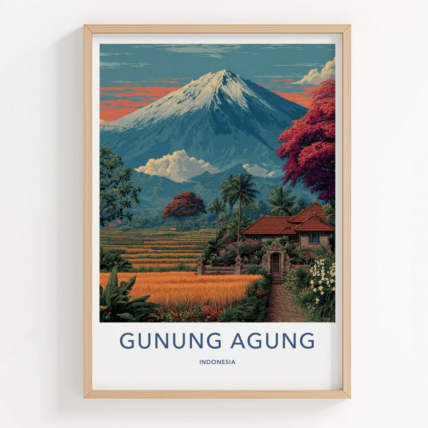 Gunung Agung Poster - Indonesia Travel Art - Lush Rice Fields Home Decor
