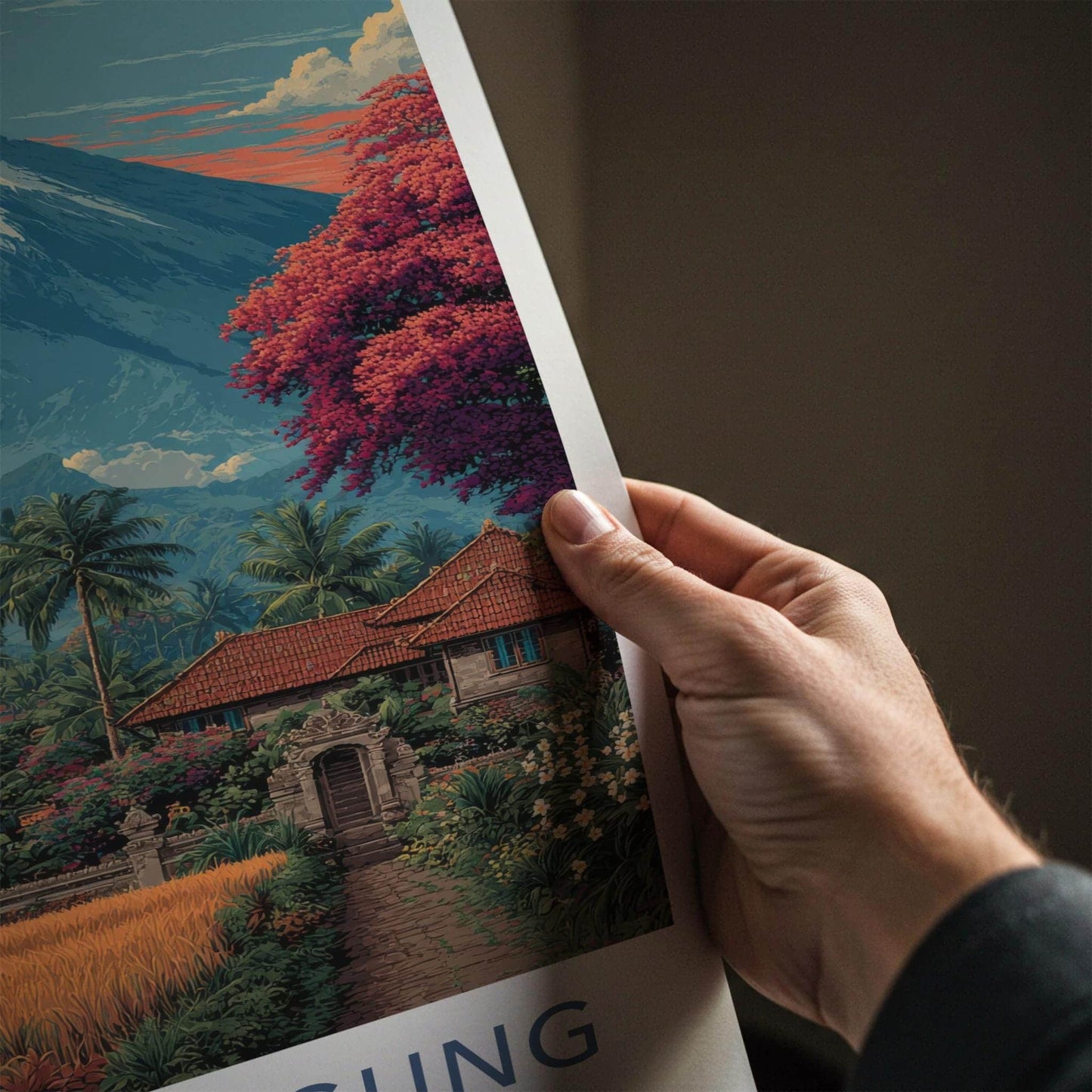 Gunung Agung Poster - Indonesia Travel Art - Lush Rice Fields Home Decor