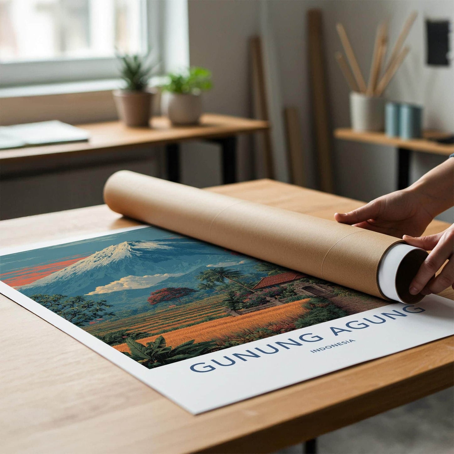 Gunung Agung Poster - Indonesia Travel Art - Lush Rice Fields Home Decor