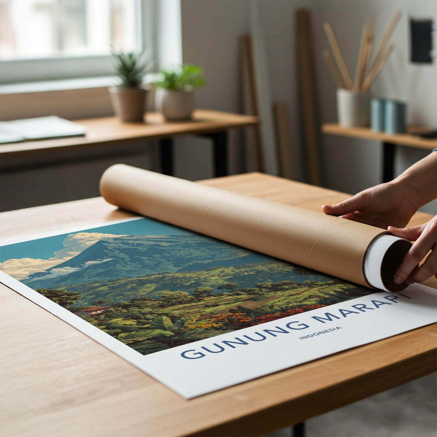 Gunung Marapi Poster - Indonesia Travel Art - Lush terraced mountain Wall Decor