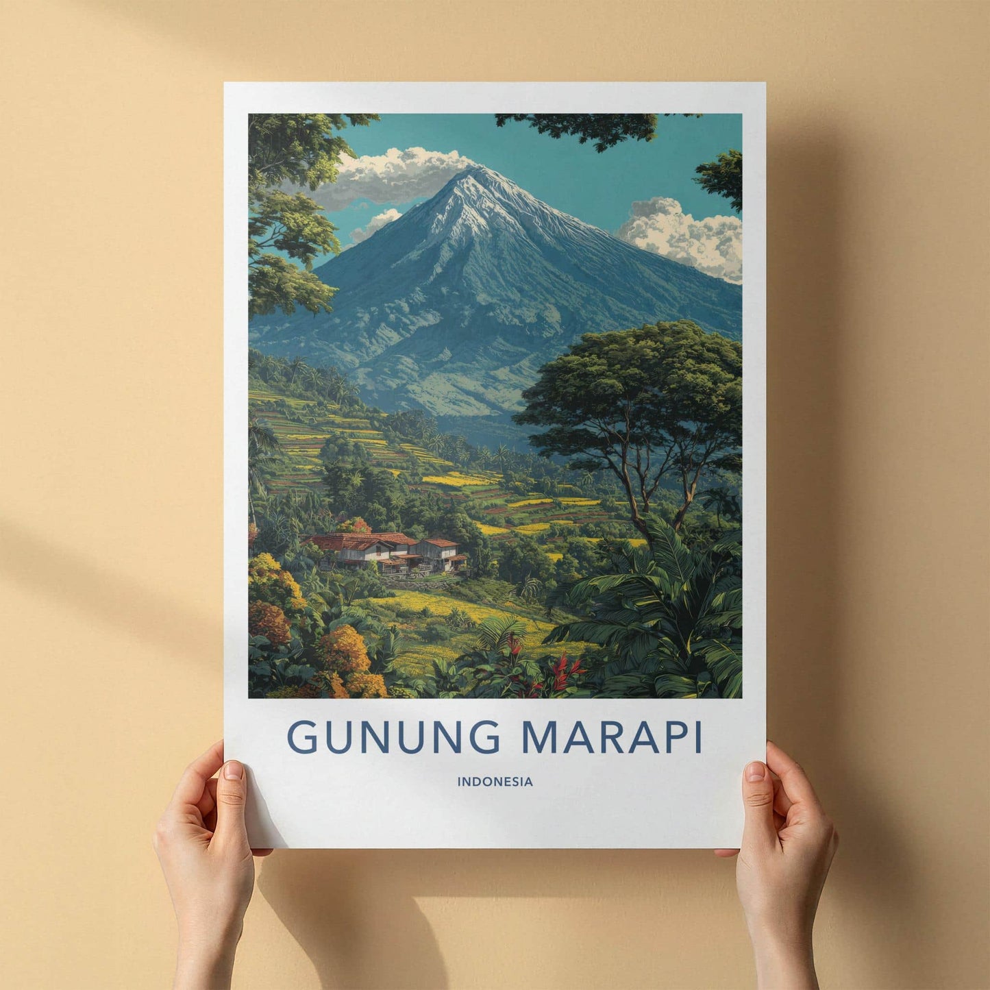 Gunung Marapi Poster - Indonesia Travel Art - Volcano Terraced Fields Wall Decor