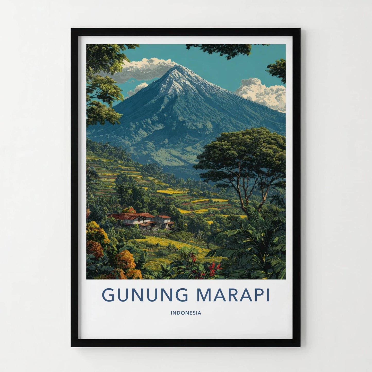 Gunung Marapi Poster - Indonesia Travel Art - Volcano Terraced Fields Wall Decor