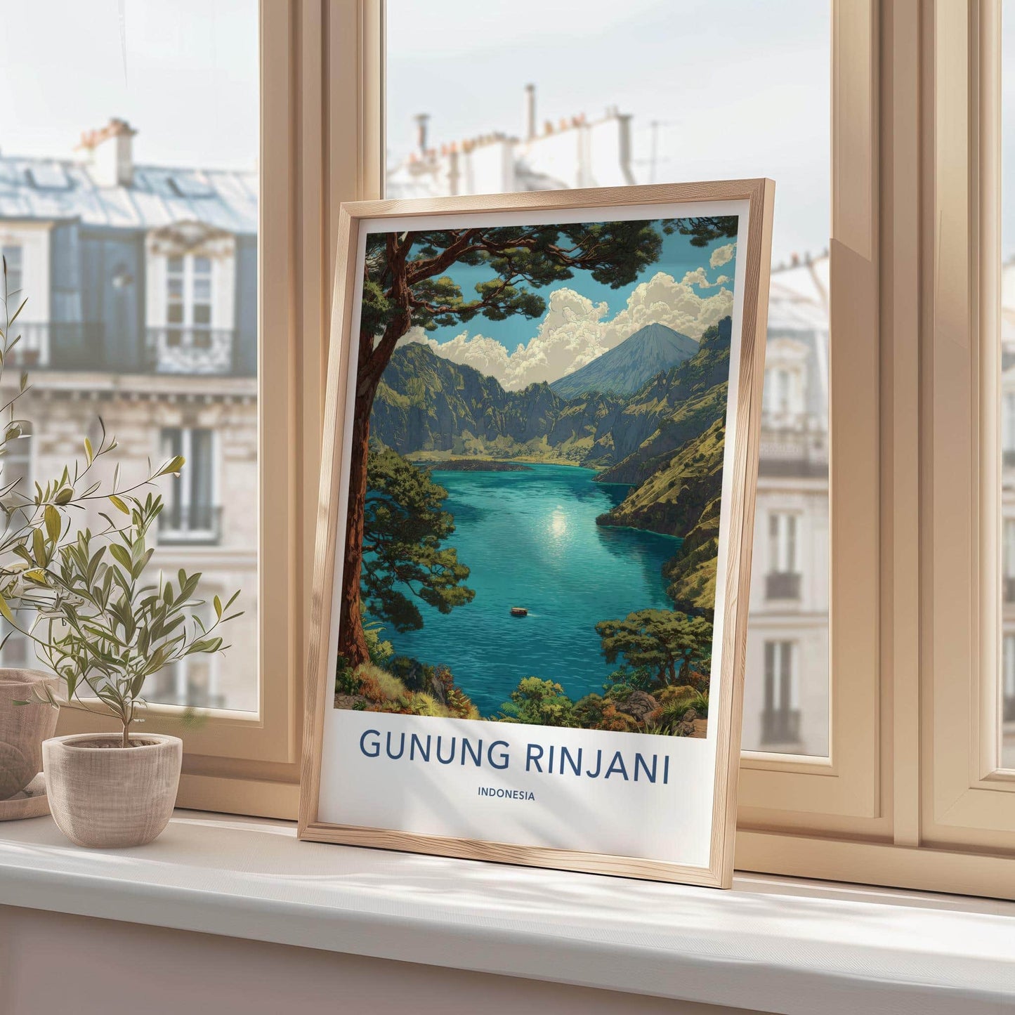 Gunung Rinjani Poster - Indonesia Travel Art - Serene Crater Lake Home Decor