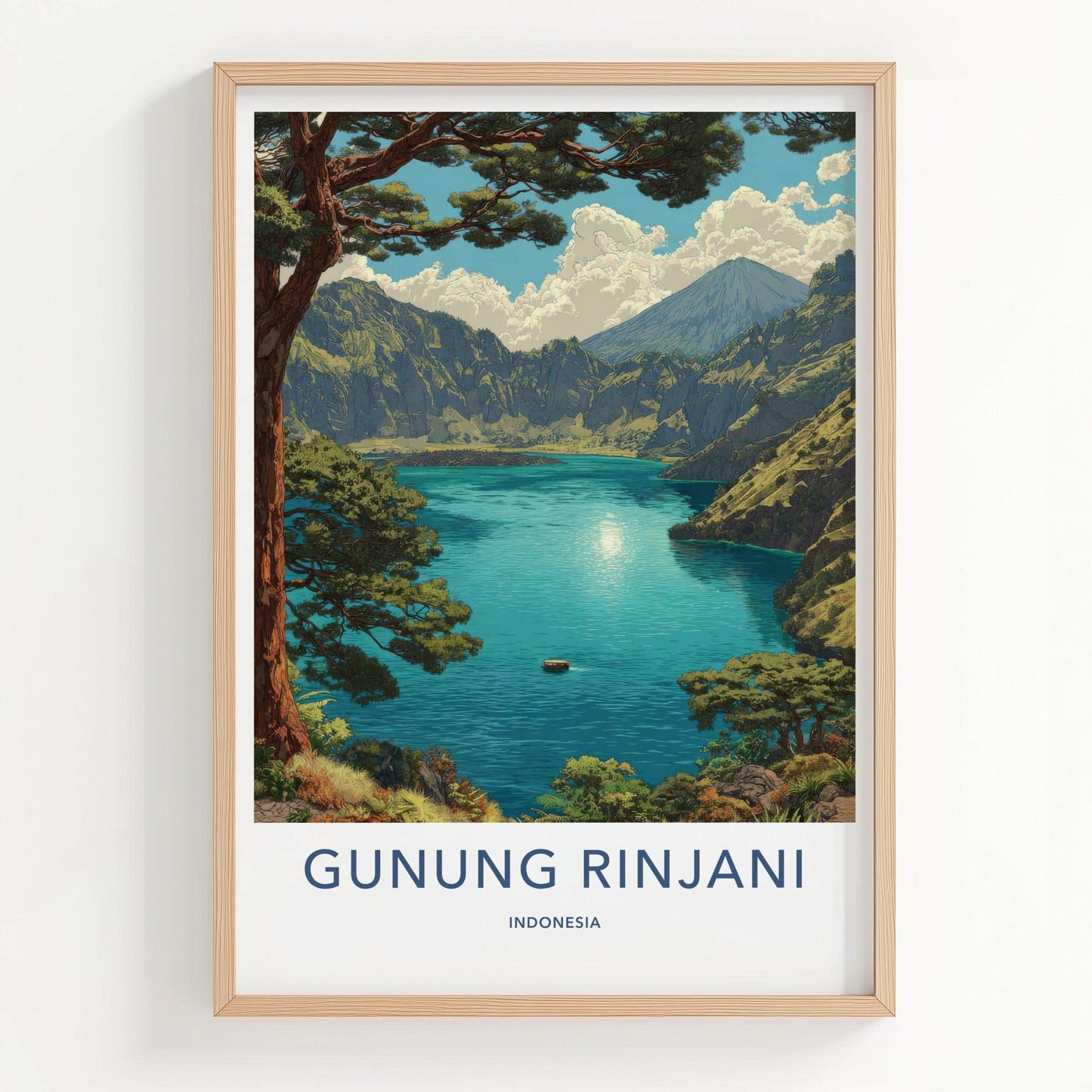 Gunung Rinjani Poster - Indonesia Travel Art - Serene Crater Lake Home Decor