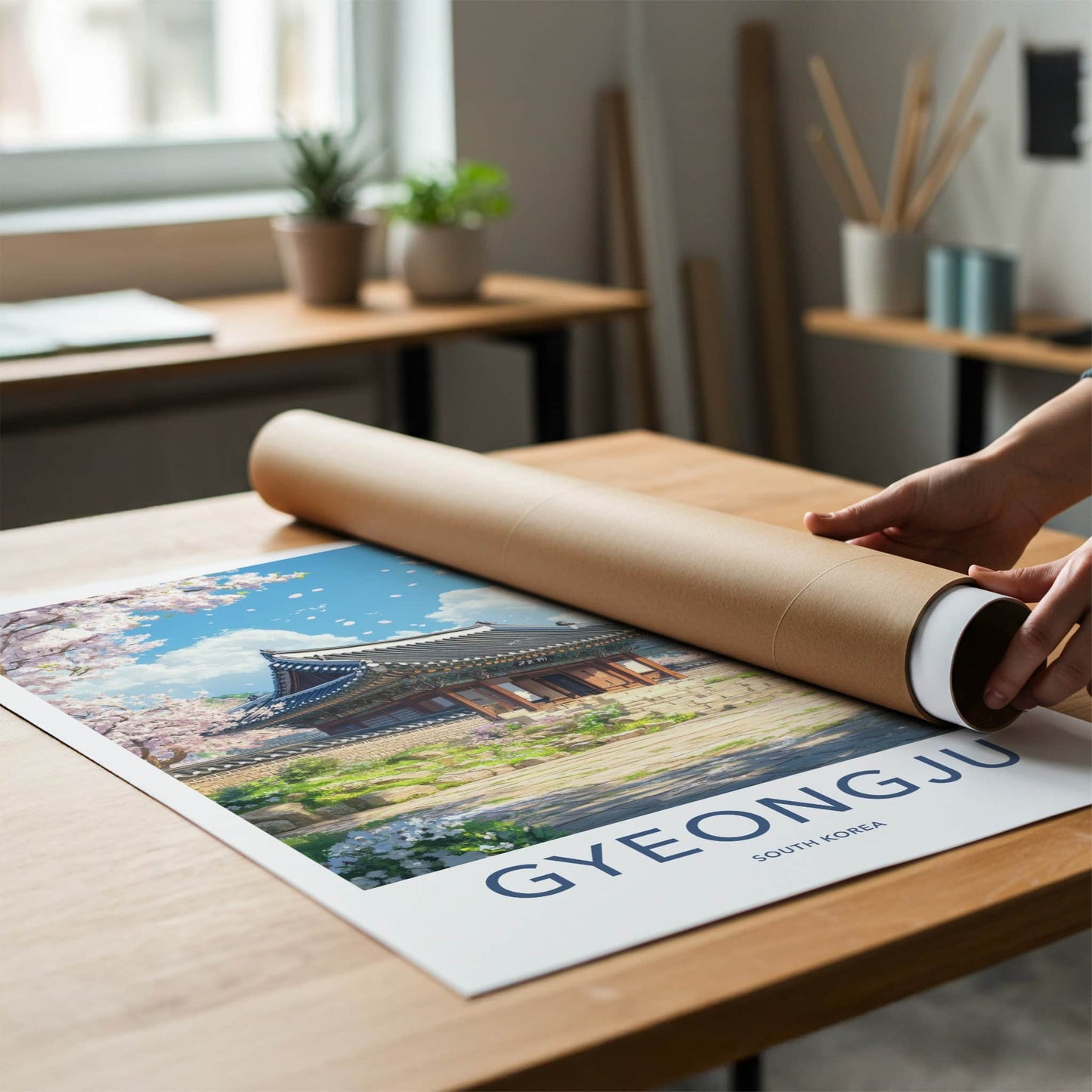 Gyeongju Poster - South Korea Travel Art - Ancient Temple Blossoms Home Decor