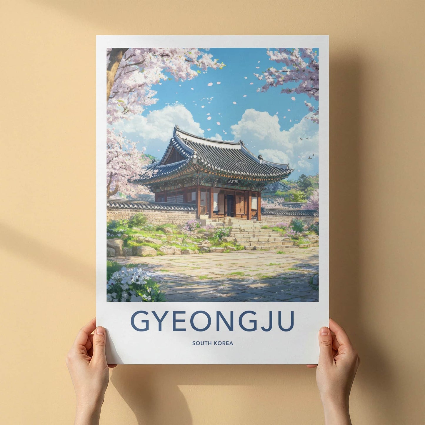Gyeongju Poster - South Korea Travel Art - Ancient Temple Blossoms Home Decor