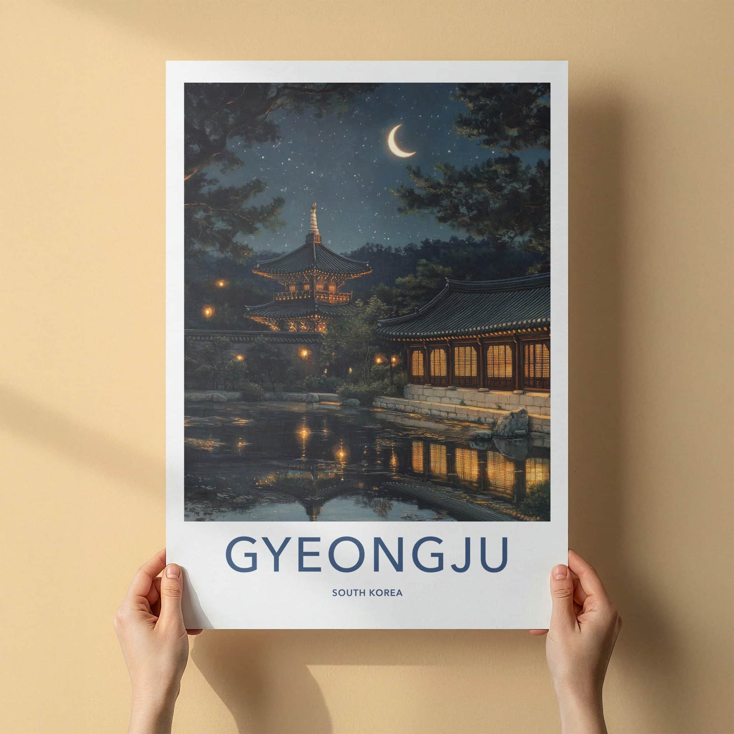 Gyeongju Poster - South Korea Travel Art - Moonlit Temple Pond Wall Decor