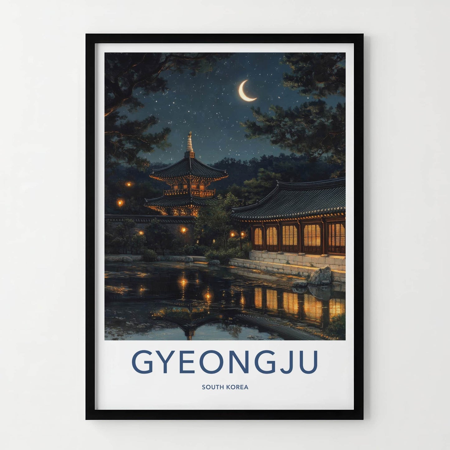 Gyeongju Poster - South Korea Travel Art - Moonlit Temple Pond Wall Decor