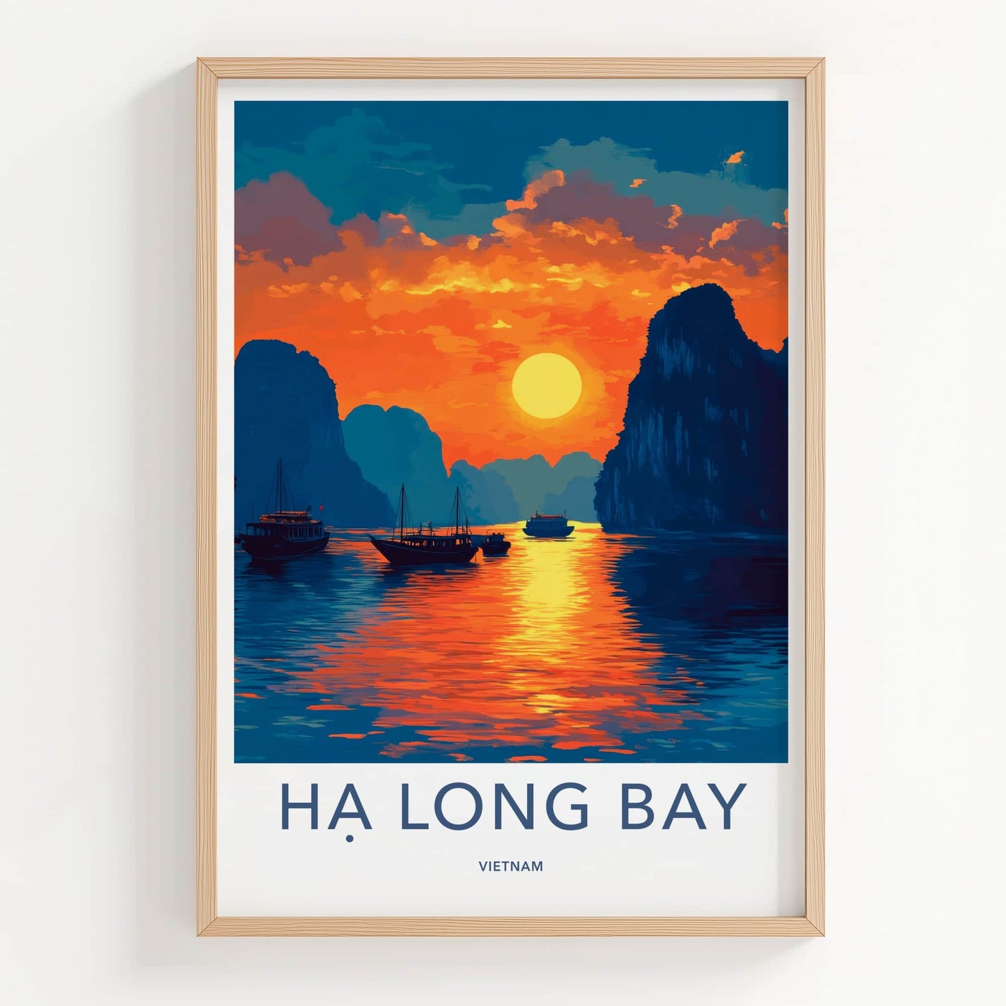 Ha Long Bay Poster - Vietnam Travel Art - Golden Sunset Bay Home Decor