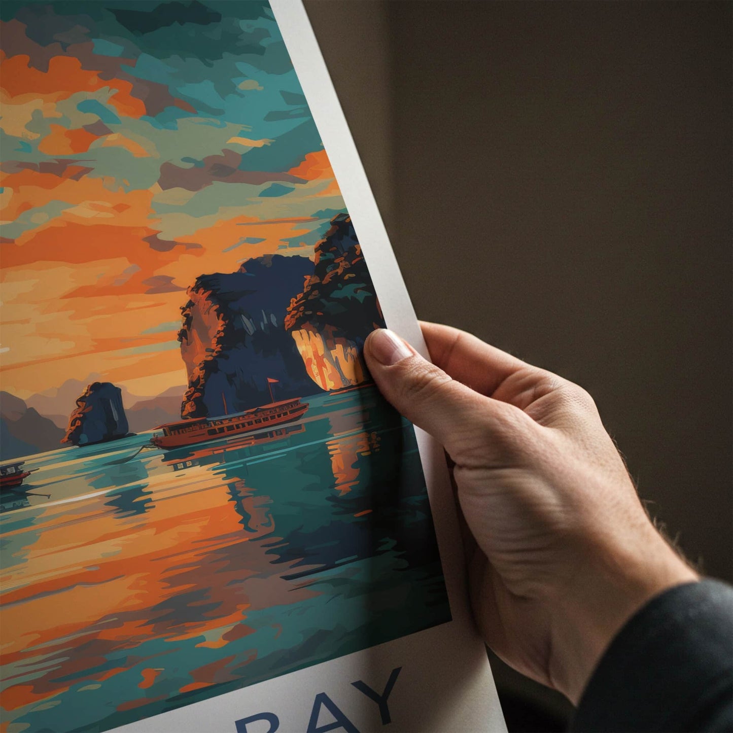 Ha Long Bay Poster - Vietnam Travel Art - Golden Water Boats Home Decor