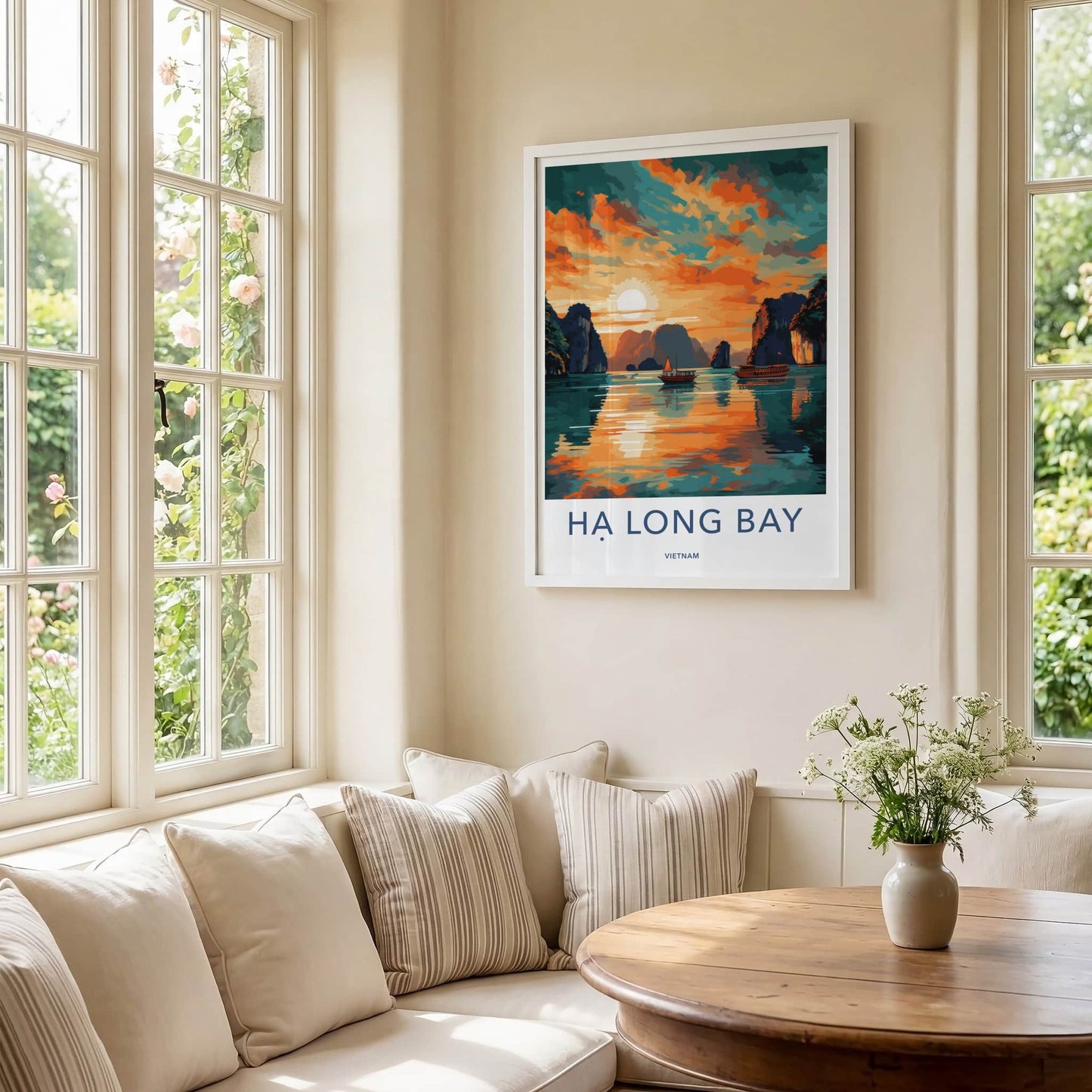 Ha Long Bay Poster - Vietnam Travel Art - Golden Water Boats Home Decor
