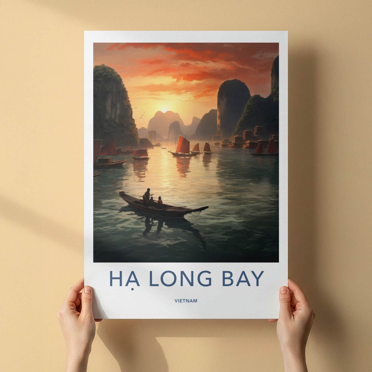 Ha Long Bay Poster - Vietnam Travel Art - Sunset Bay Boats Home Decor