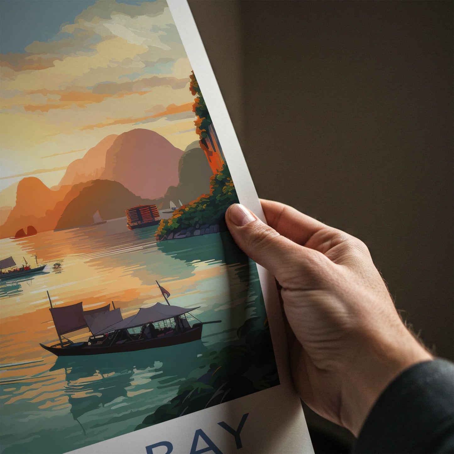 Ha Long Bay Poster - Vietnam Travel Art - Sunset Limestone Boats Home Decor