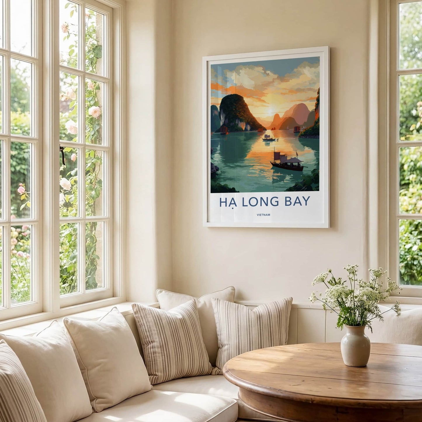 Ha Long Bay Poster - Vietnam Travel Art - Sunset Limestone Boats Home Decor