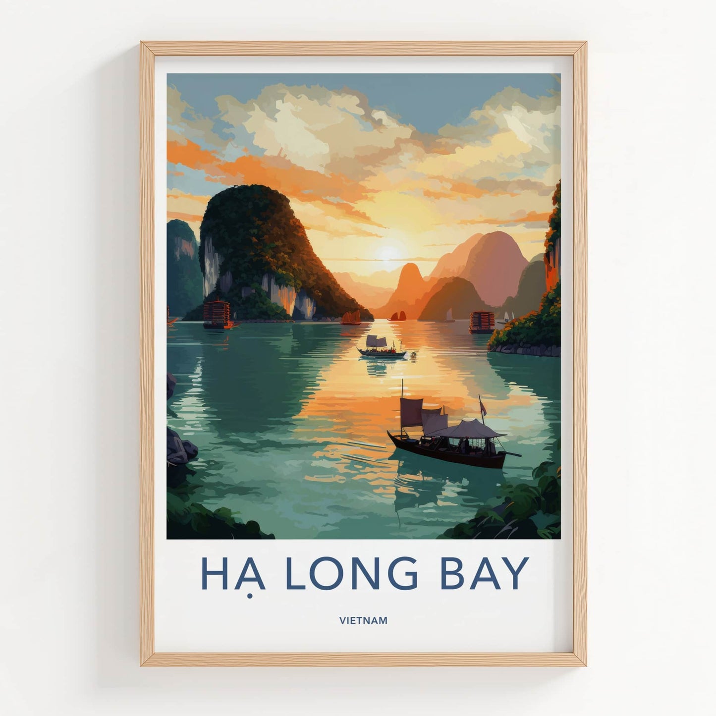 Ha Long Bay Poster - Vietnam Travel Art - Sunset Limestone Boats Home Decor