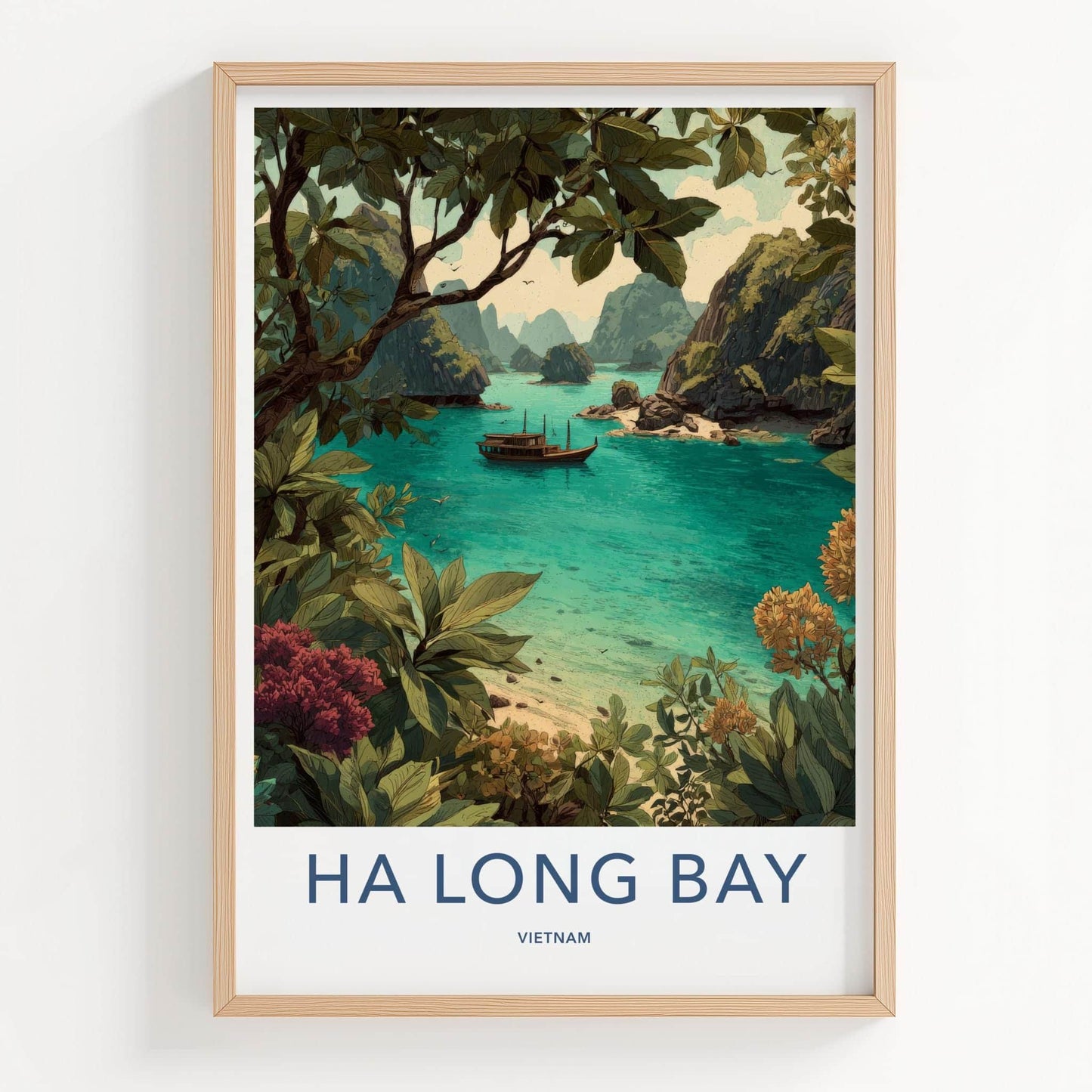 Ha Long Bay Poster - Vietnam Travel Art - Tropical Boat Scene Home Decor