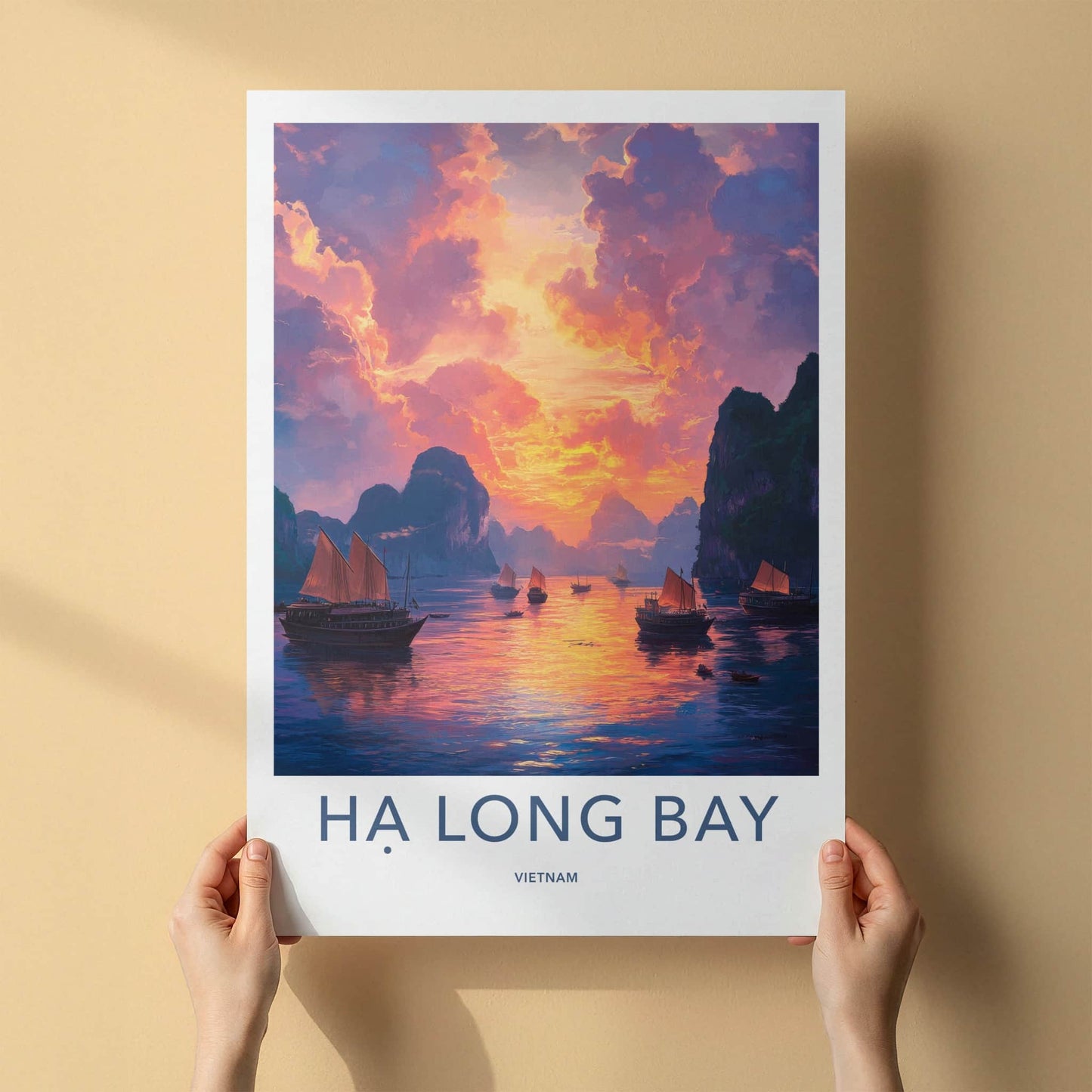 Ha Long Bay Poster - Vietnam Travel Art - Vibrant Sunset Boats Home Decor
