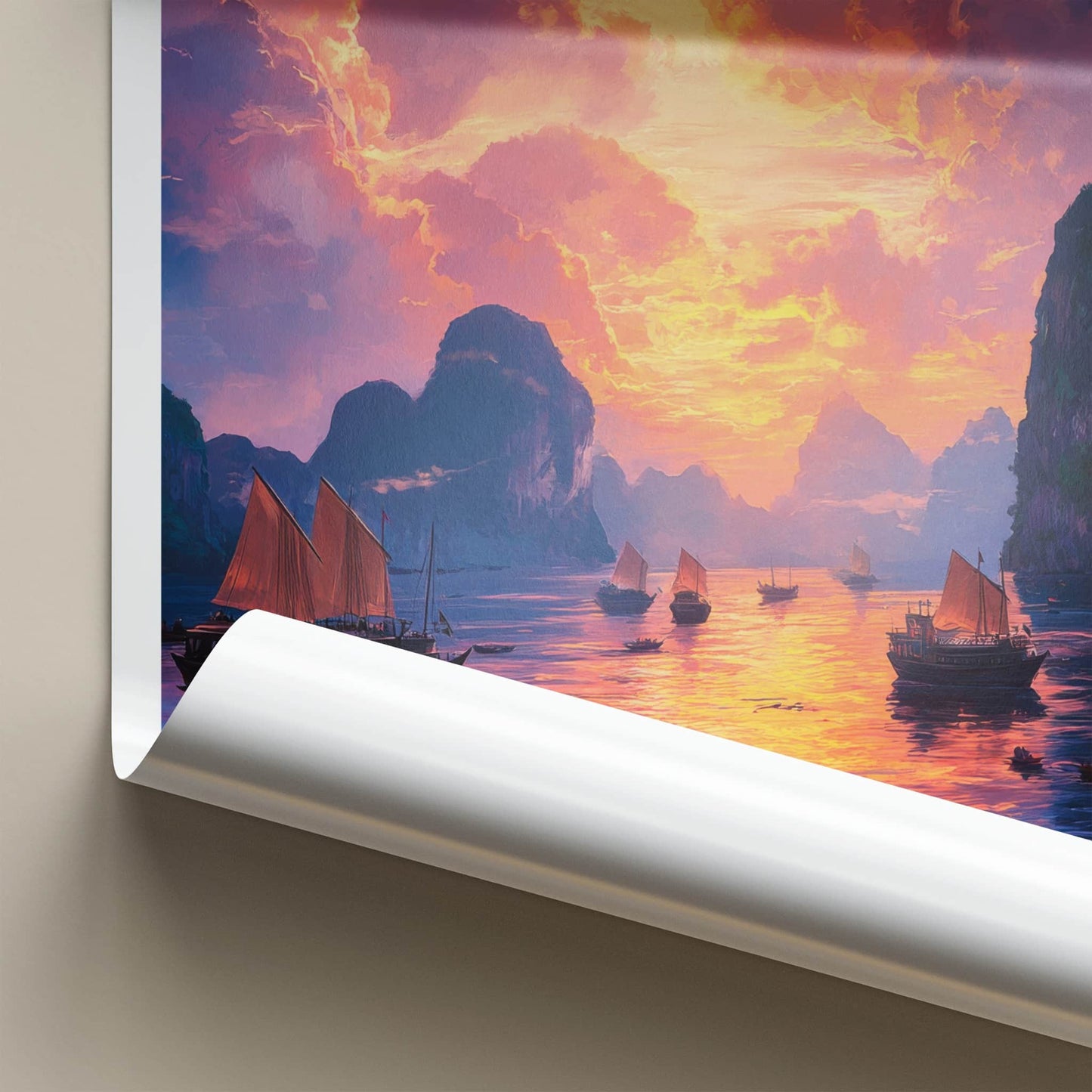 Ha Long Bay Poster - Vietnam Travel Art - Vibrant Sunset Boats Home Decor