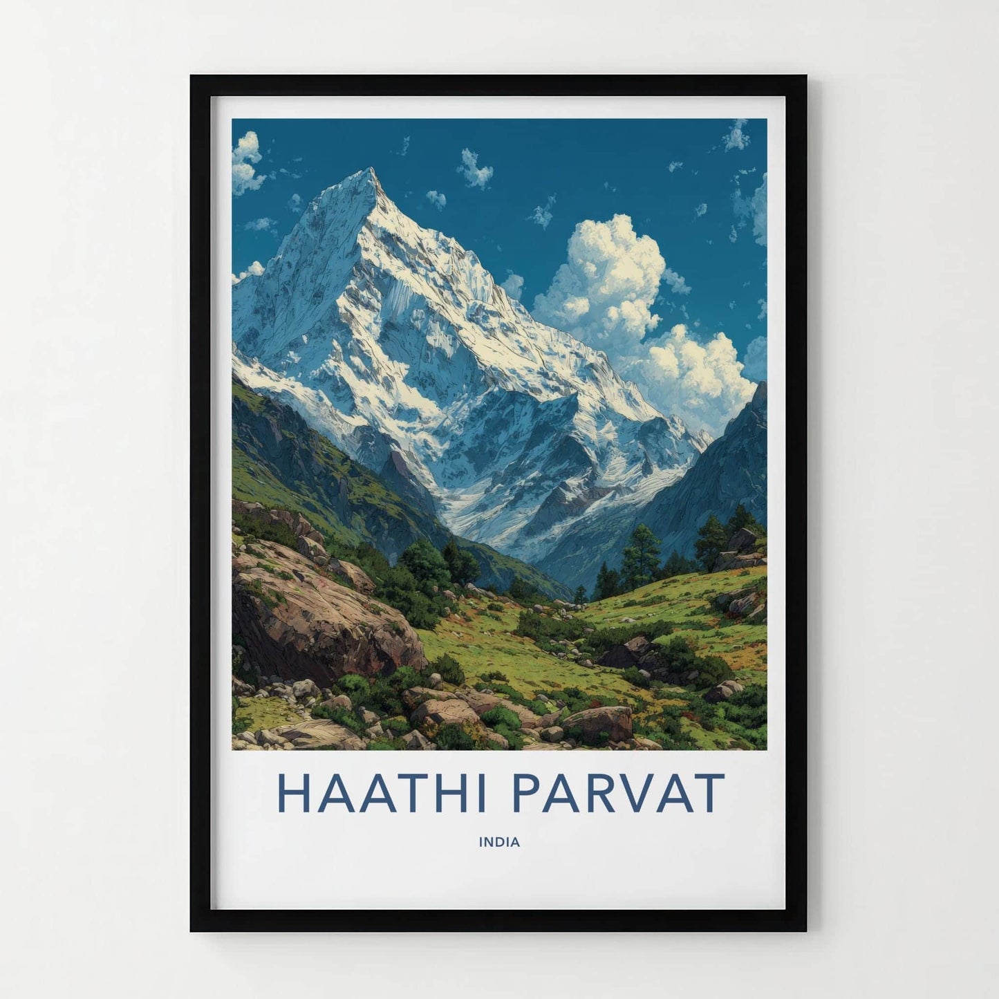 Haathi Parvat Poster - India Travel Art - Uttarakhand Snowy Peaks Valley Home Decor