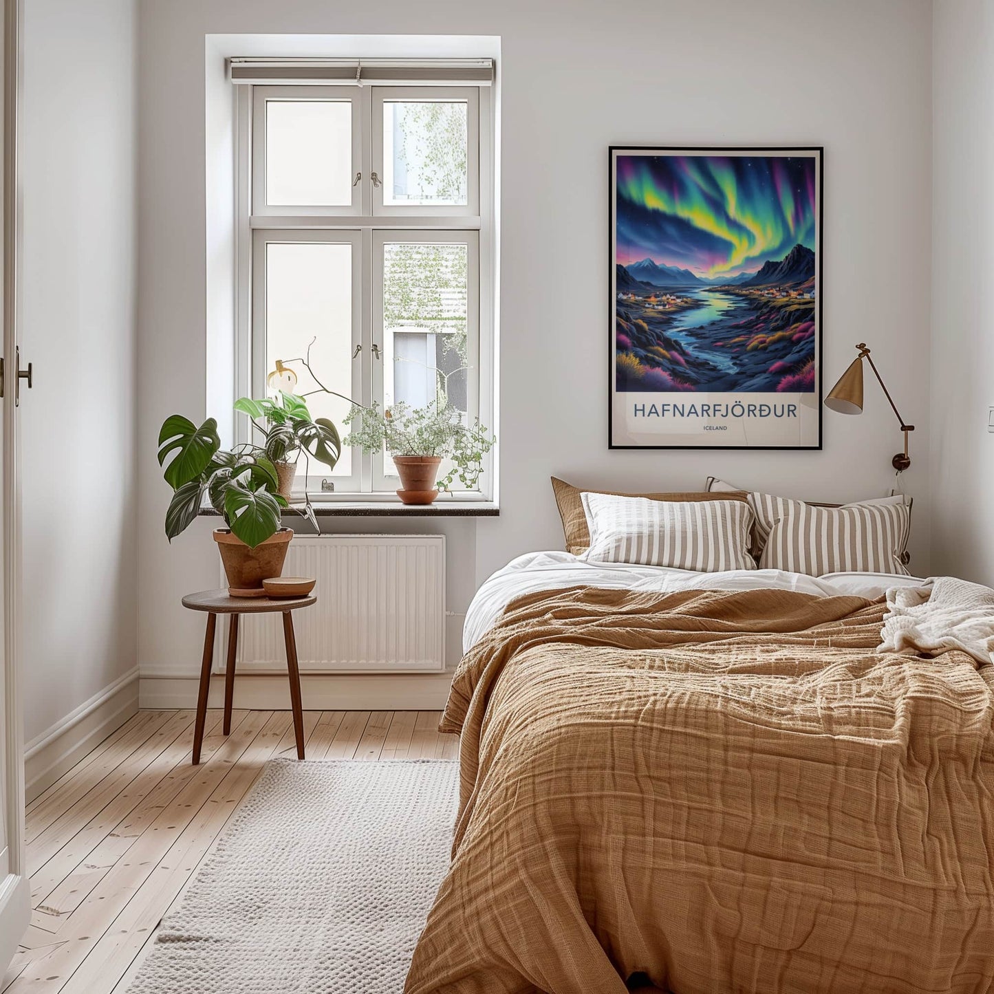 Hafnarfjordur Poster - Iceland Travel Art - Aurora Town Mountains Home Decor