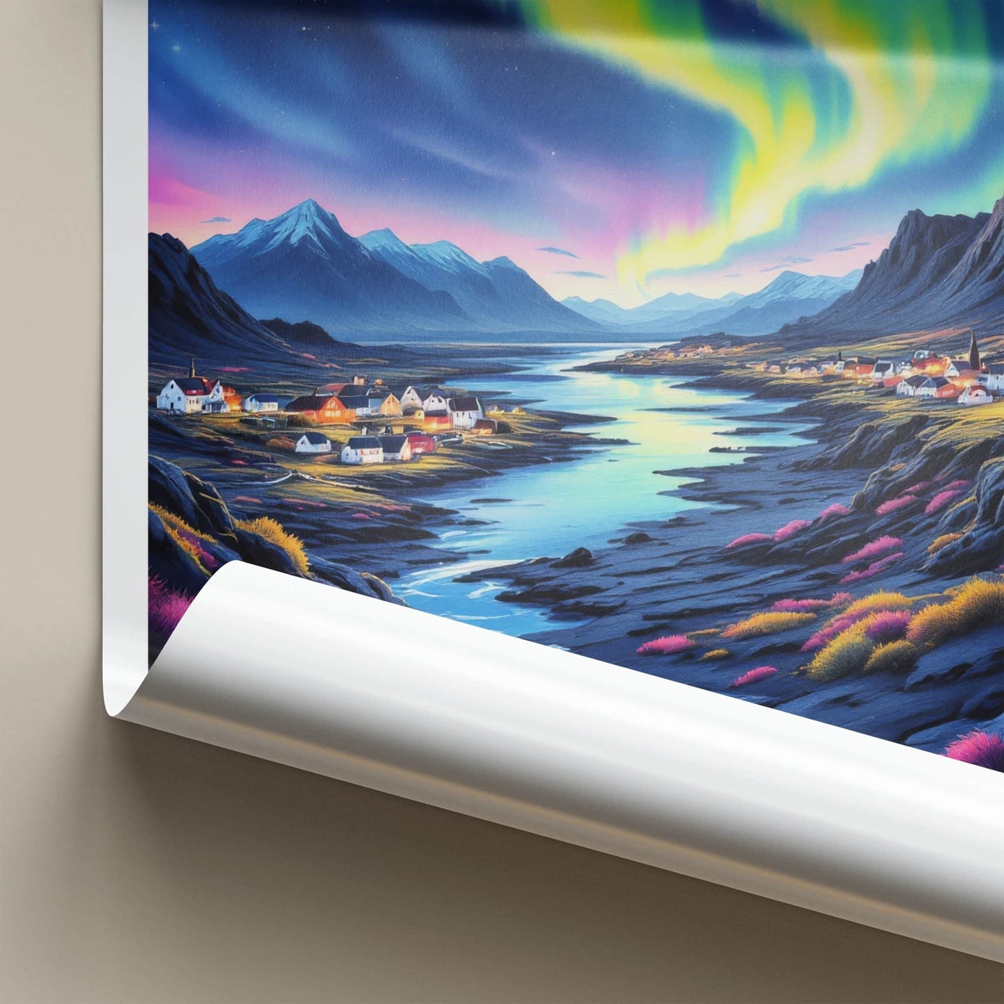 Hafnarfjordur Poster - Iceland Travel Art - Aurora Town Mountains Home Decor