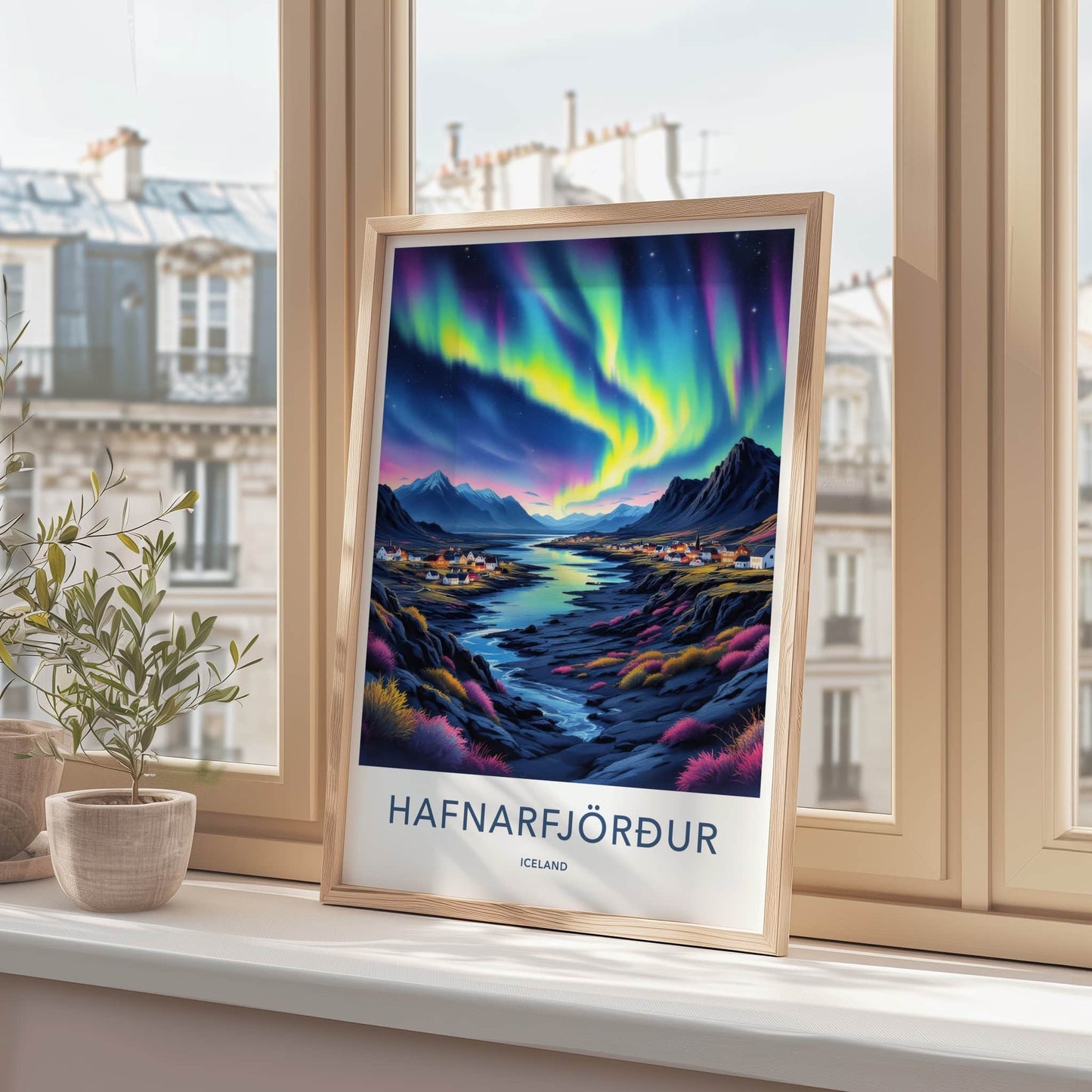 Hafnarfjordur Poster - Iceland Travel Art - Aurora Town Mountains Home Decor