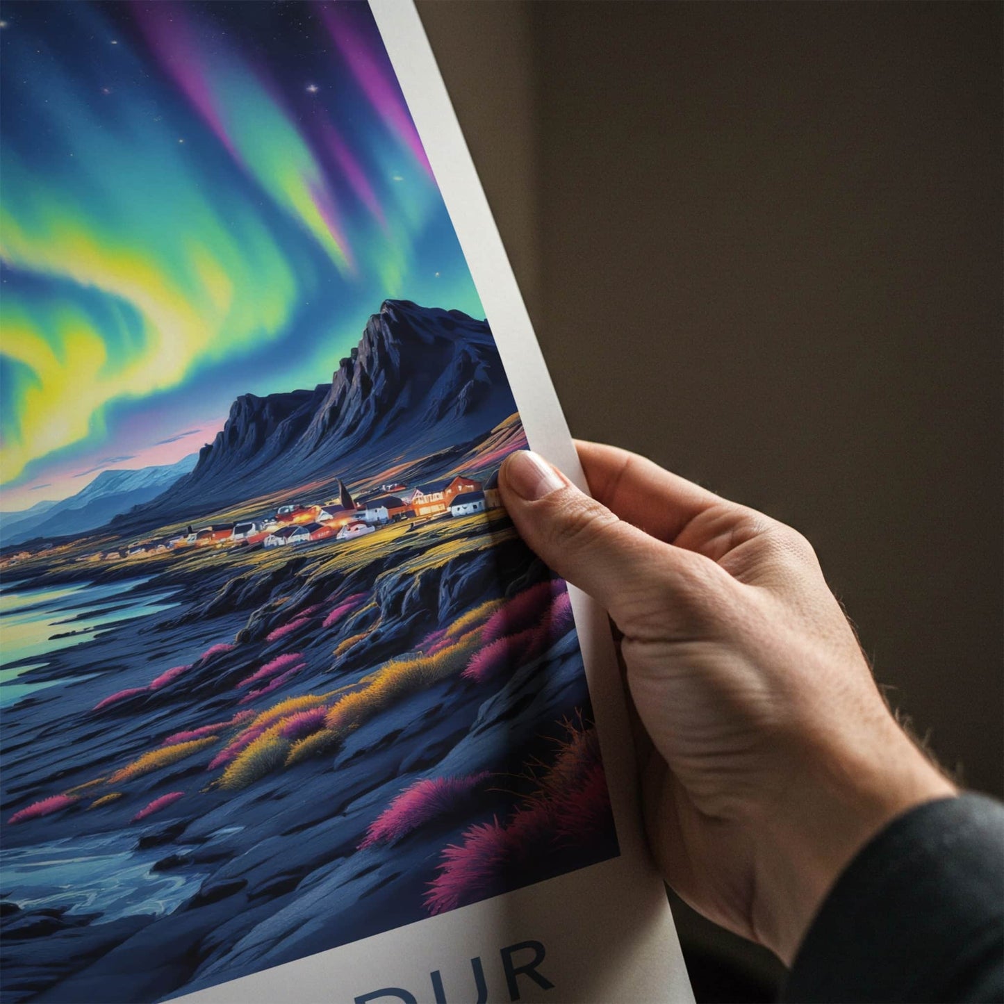 Hafnarfjordur Poster - Iceland Travel Art - Aurora Town Mountains Home Decor