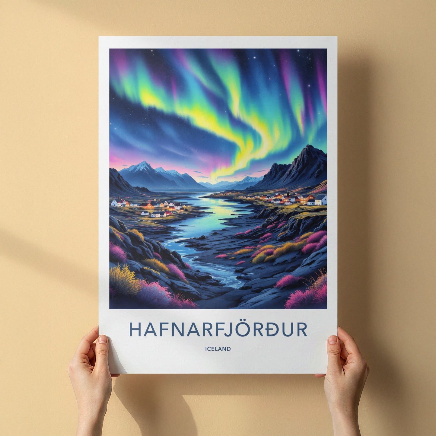 Hafnarfjordur Poster - Iceland Travel Art - Aurora Town Mountains Home Decor