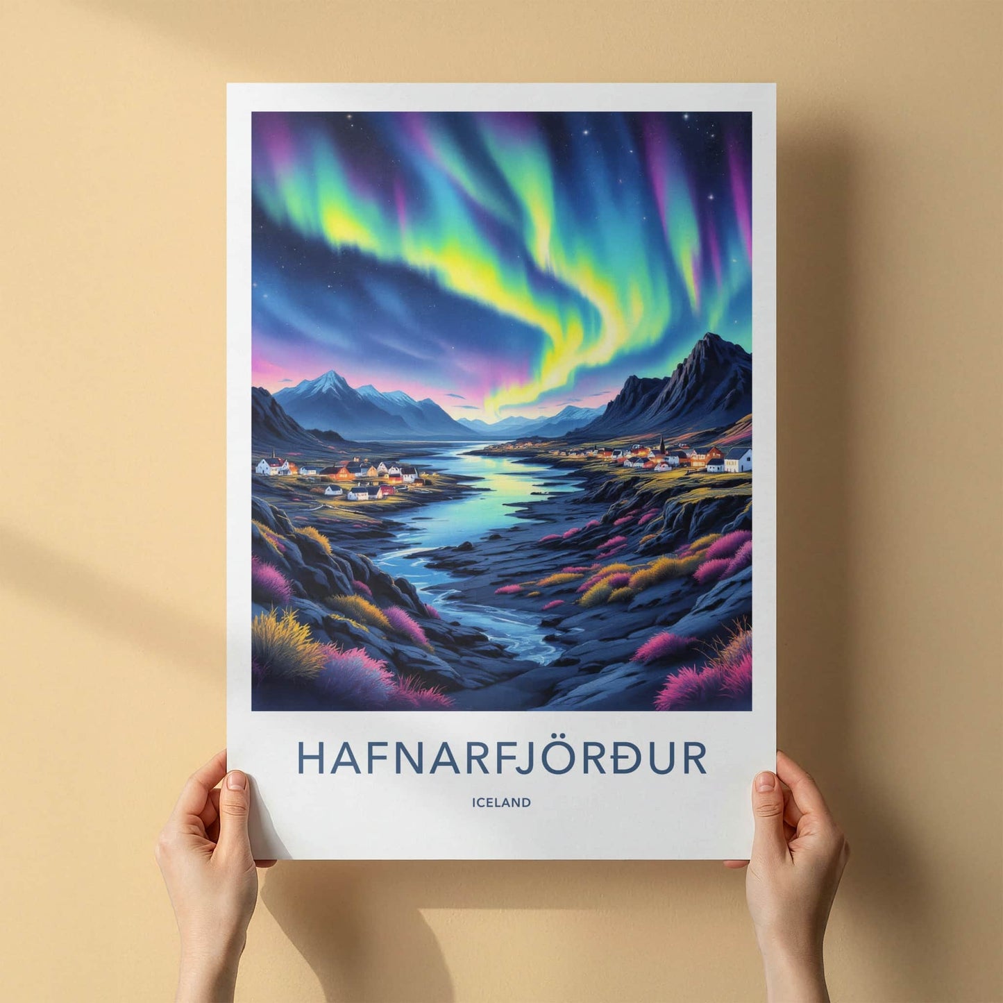 Hafnarfjordur Poster - Iceland Travel Art - Aurora Town Mountains Home Decor