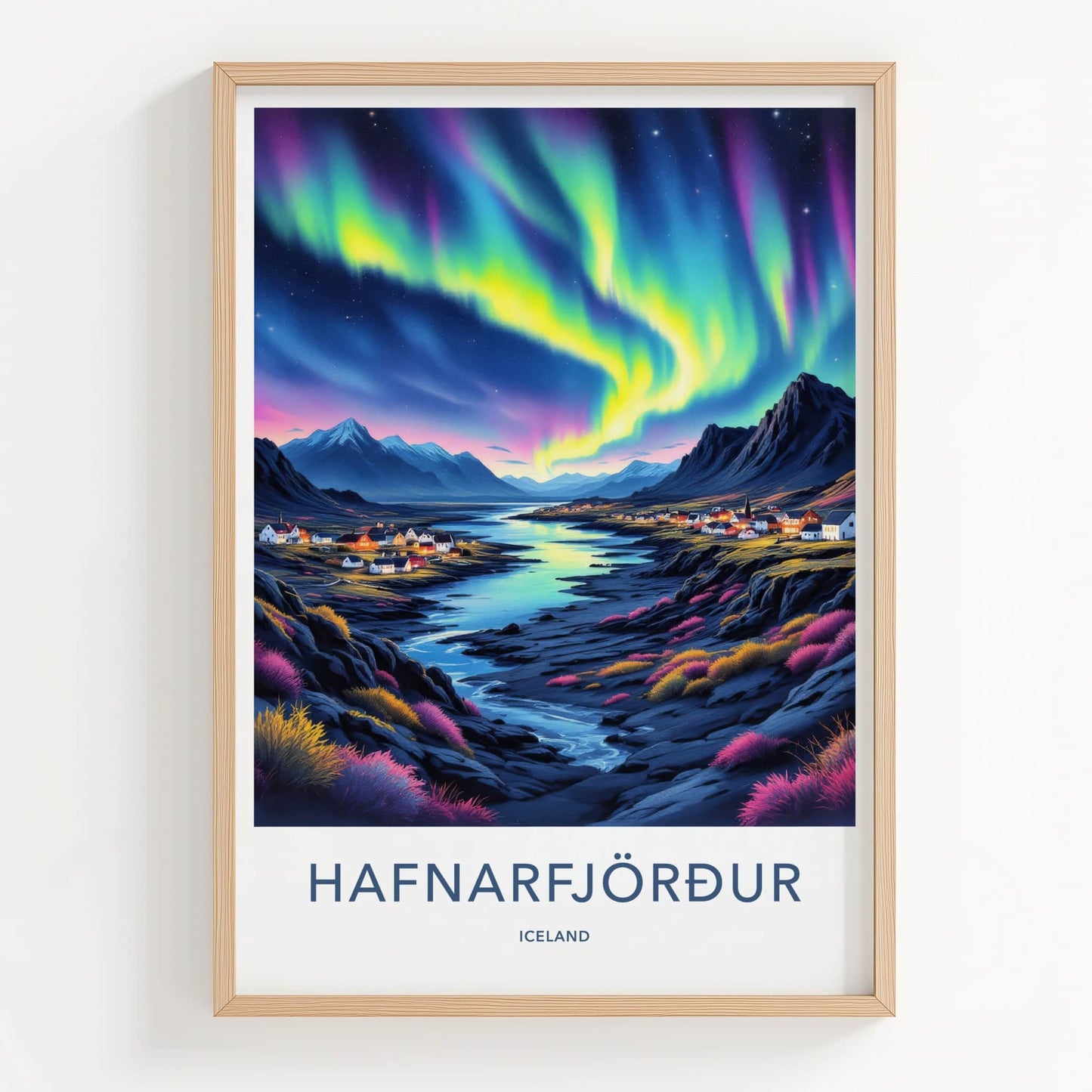 Hafnarfjordur Poster - Iceland Travel Art - Aurora Town Mountains Home Decor